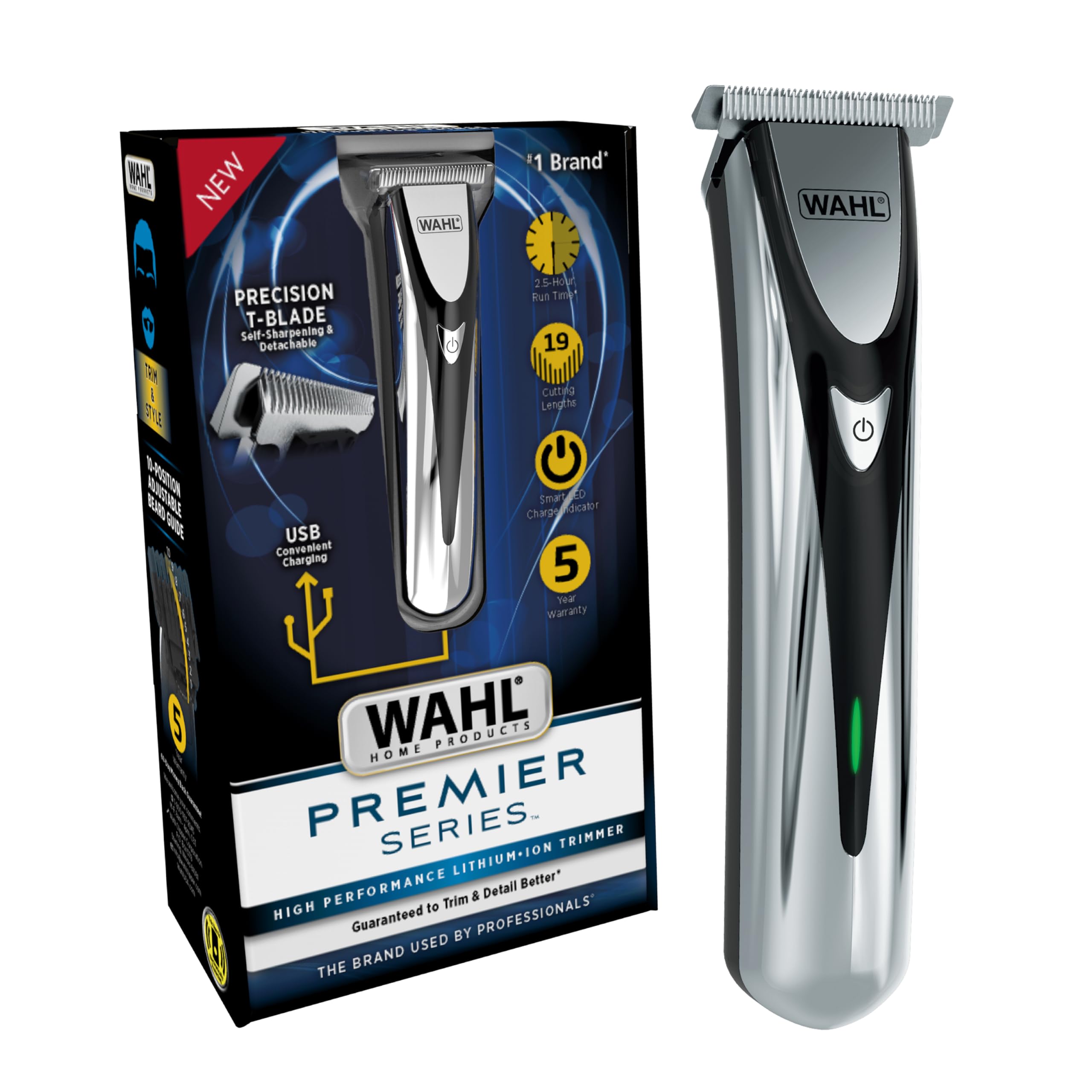 WAHL Premier Series Cordless USB Rechargeable Trimmer for Men with Smart LED Charge Indicator, Self-Sharpening T-BLADE,Adaptive Speed Control,Lithium Ion Technology, 150 Mins Runtime, 5 Years Warranty