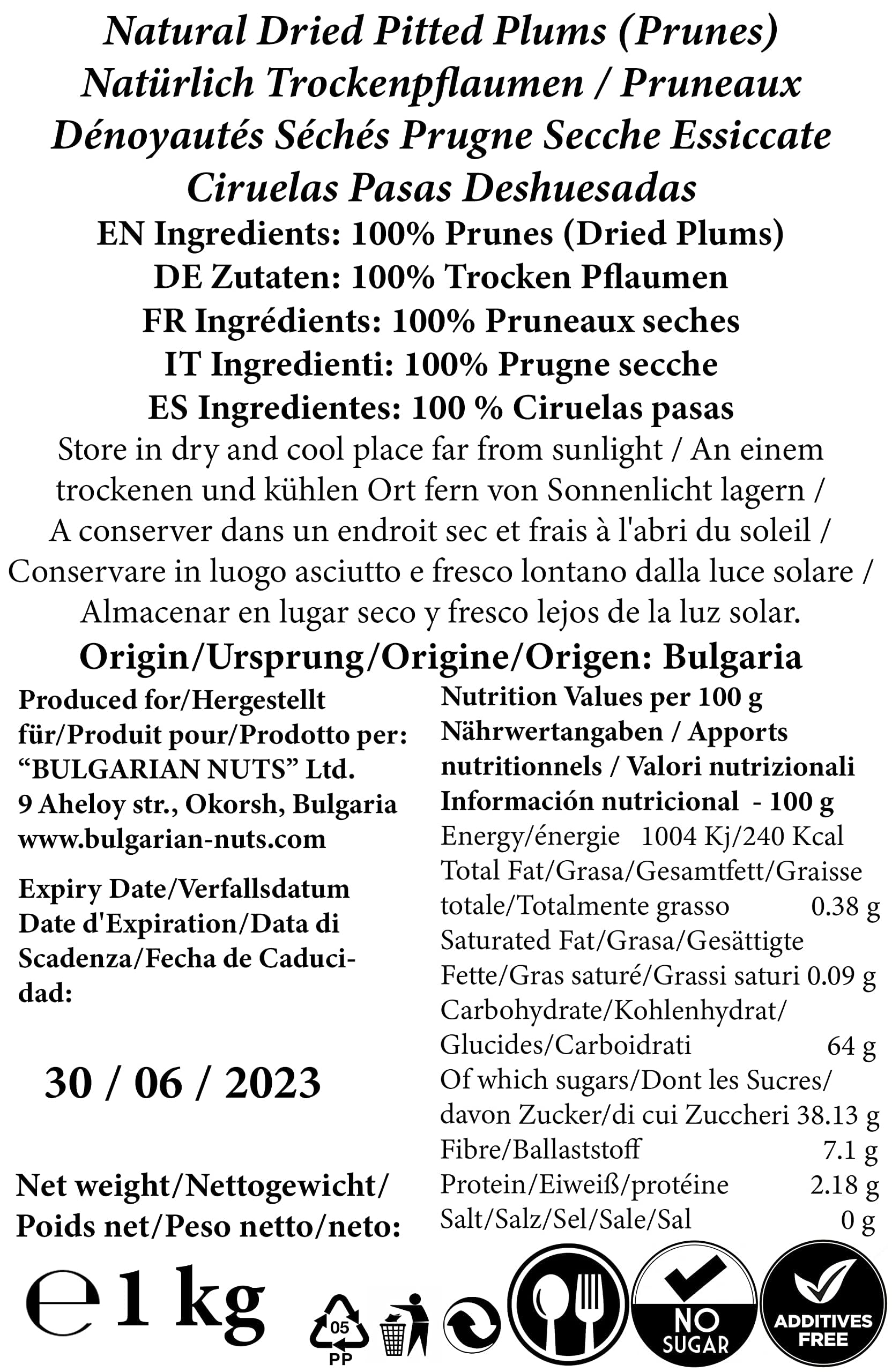 1 kg Ciruelas Pasas Naturales Secas sin Hueso, Ain Azúcares, Edulcorantes, Aditivos, Conservantes, Gluten, secadas al sol