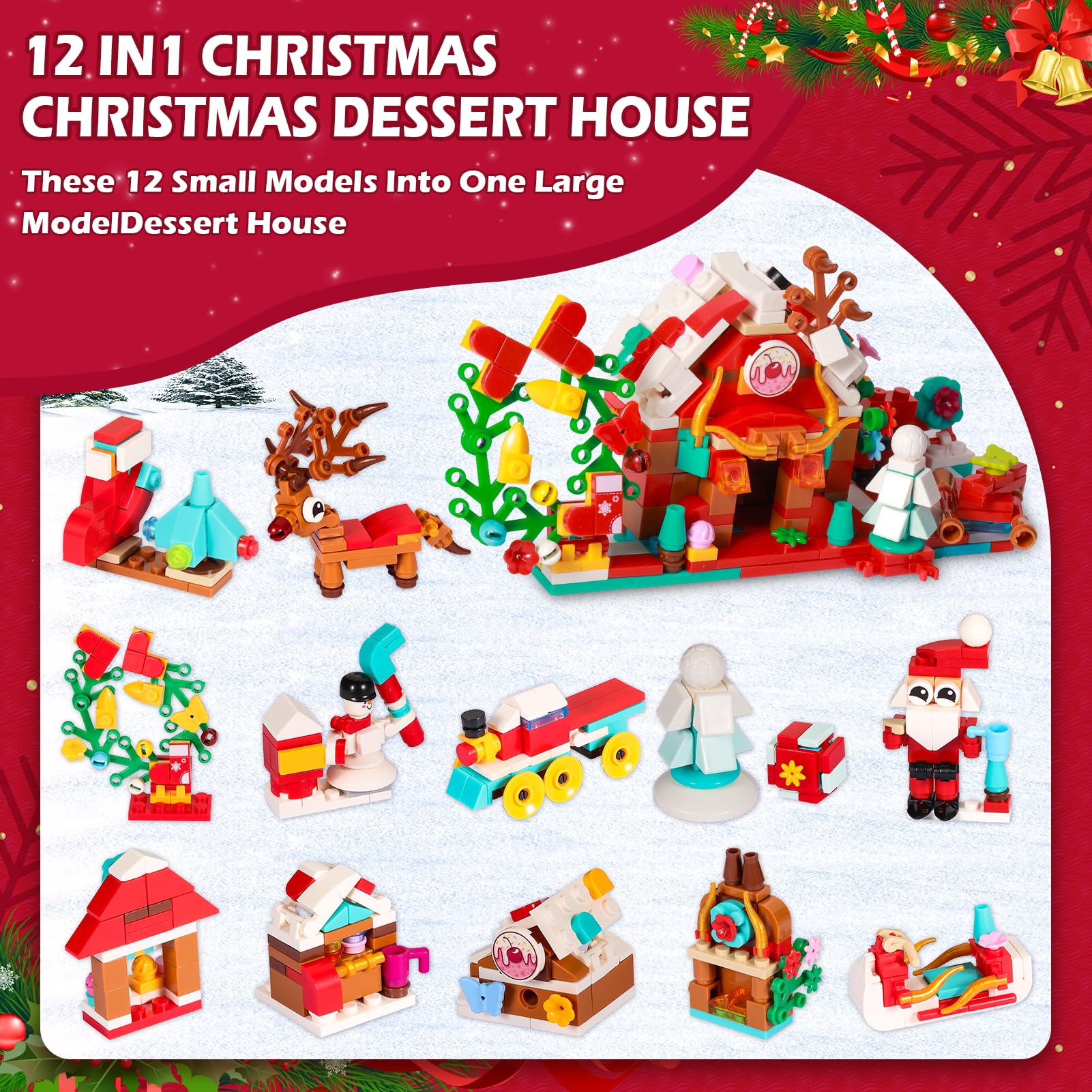 Calendario dell'Avvento 2025, Calendario dell'Avvento a Blocchi da Costruzione Bambini Adulti 24 Giorni Casa di Natale 12 in 1 Blocchi Calendario Conto alla Rovescia Ragazzi Ragazze Regalo