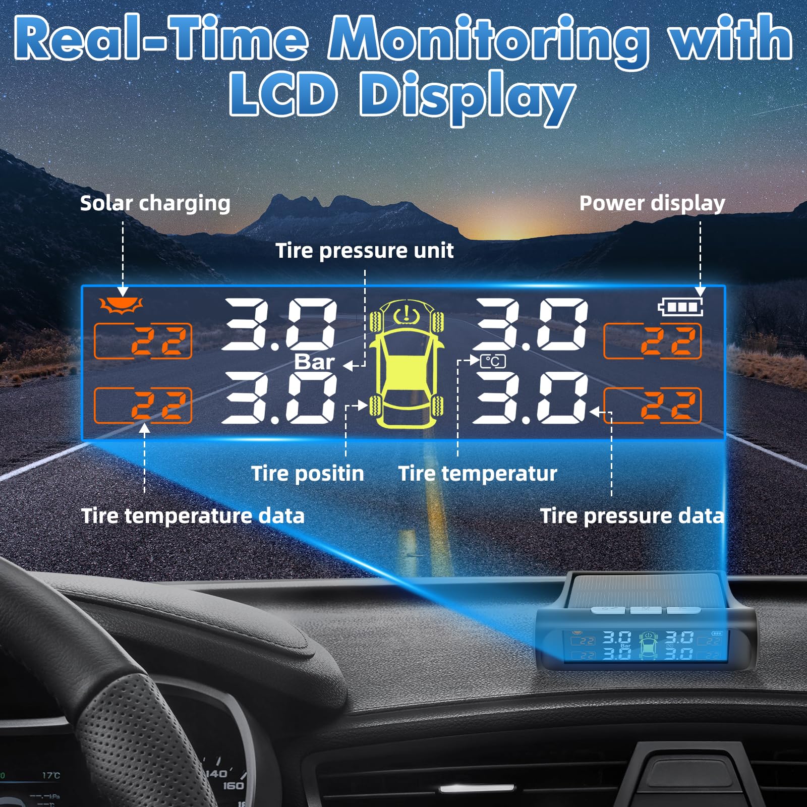 Reifendruckkontrollsystem mit Solarladung, TPMS Reifendruckkontrollsystem mit 4 externen Sensoren und 5 Alarmmodi, Echtzeitüberwachung Druck und Temperatur, geeignet für Fahrzeuge mit 4 Rädern