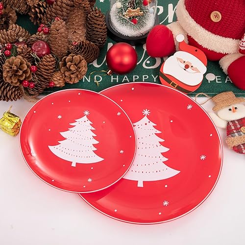 Miniatura 4 de WDF 50 platos de plástico de Navidad, platos de plástico rojo y blanco con árbol de Navidad que incluyen 25 platos llanos, 25 platos de ensalada,