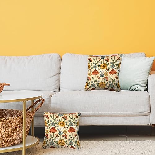 Miniatura 7 de Juego de 2 fundas de almohada de hongos de 18 x 18 pulgadas, estilo bohemio, retro, diseño floral, fundas de almohada cuadradas de doble cara para