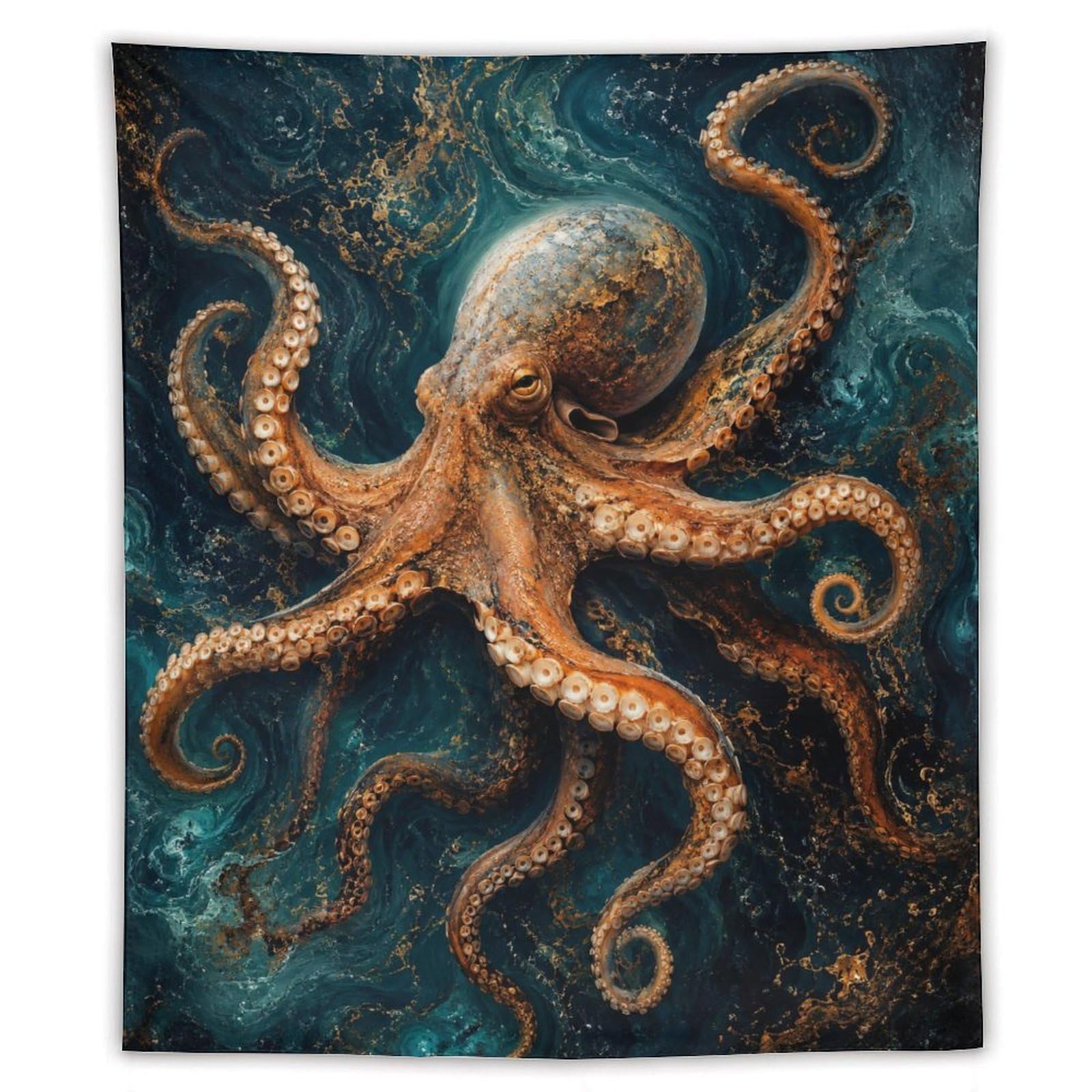 W7C8U2X3 Textured Ocean Octopus Wall Tapestry, Nautical Fantasy
