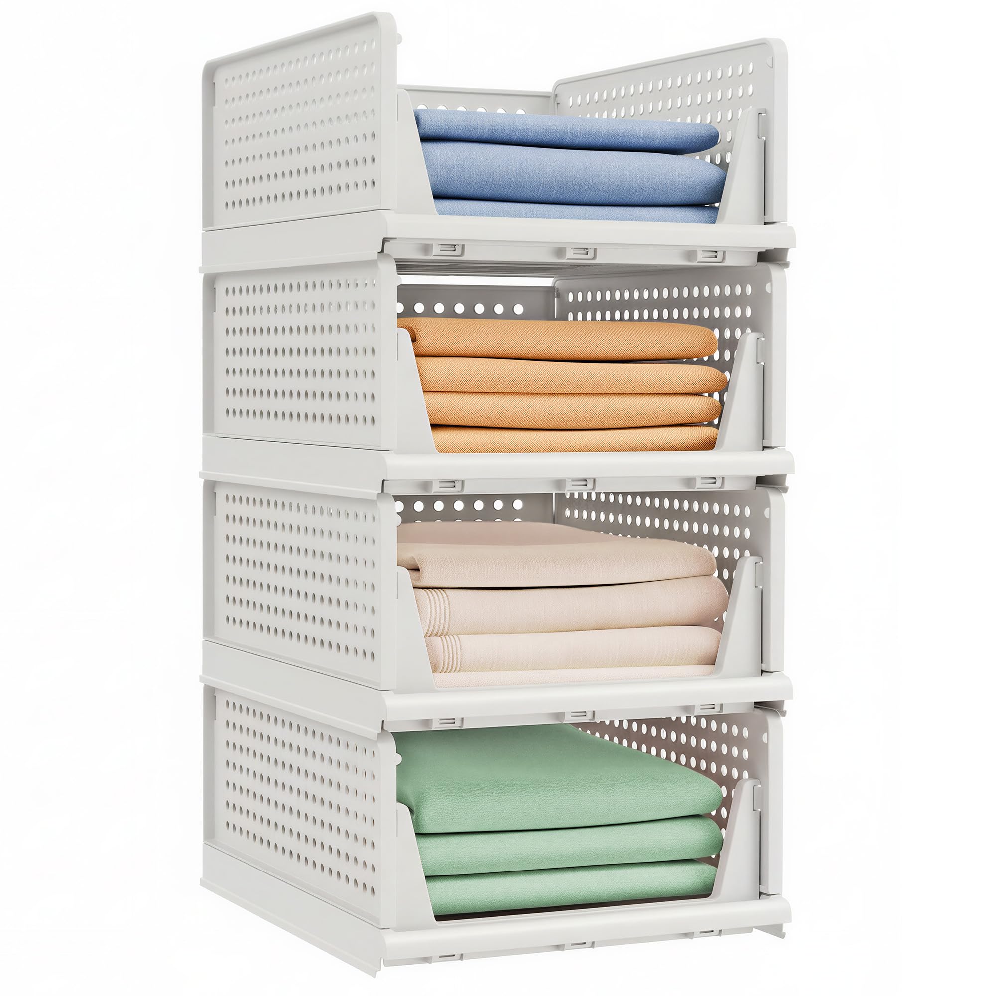 SONGMICS Stackable Wardrobe Storage, Foldable Closet Organiser, Set of 4 Pull-Out Baskets, Closet Storage and Organisation, Bedroom, Office, Bathroom, White LPC400WZ01