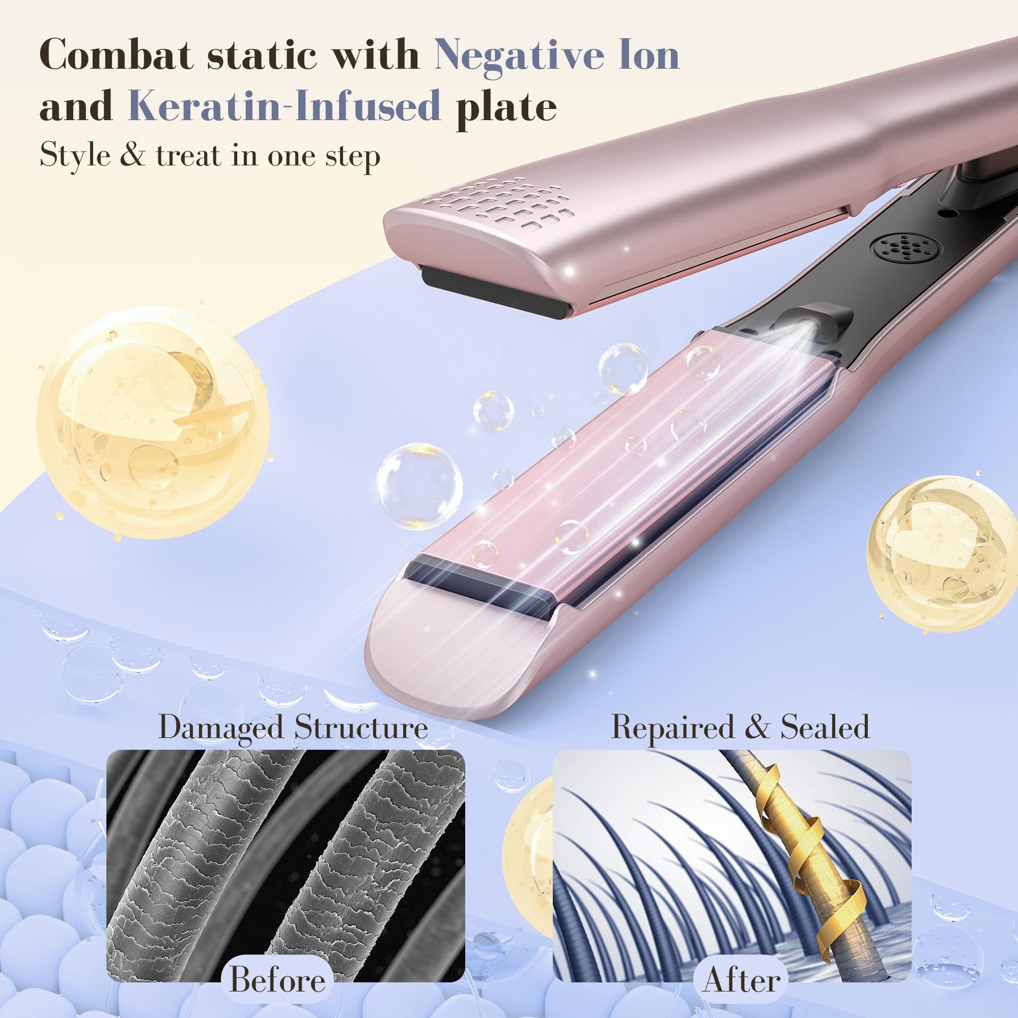 BarberBoss Piastra per capelli in ceramica piastre mobili, cura ionica e cheratina per tutti i tipi capelli, indicatore temperatura LED, piastra professionale per capelli lisci (QR-8412, Rosa)