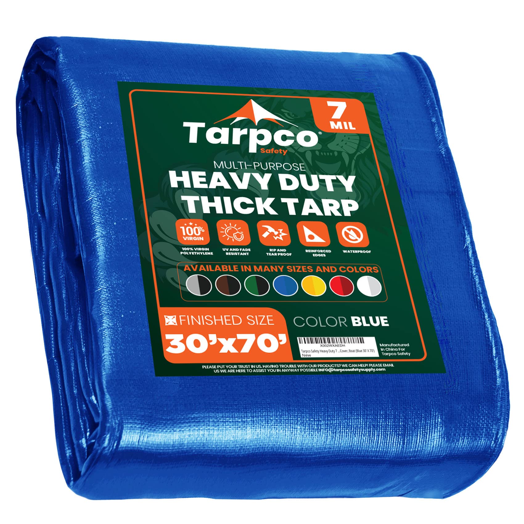 Heavy Duty 7 Mil Tarp Cover, Waterproof, UV Resistant, Rip and Tear Proof, Poly Tarpaulin with Reinforced Edges for Roof, Camping, Patio, Pool Cover, Boat (Blue 30′ X 70′)