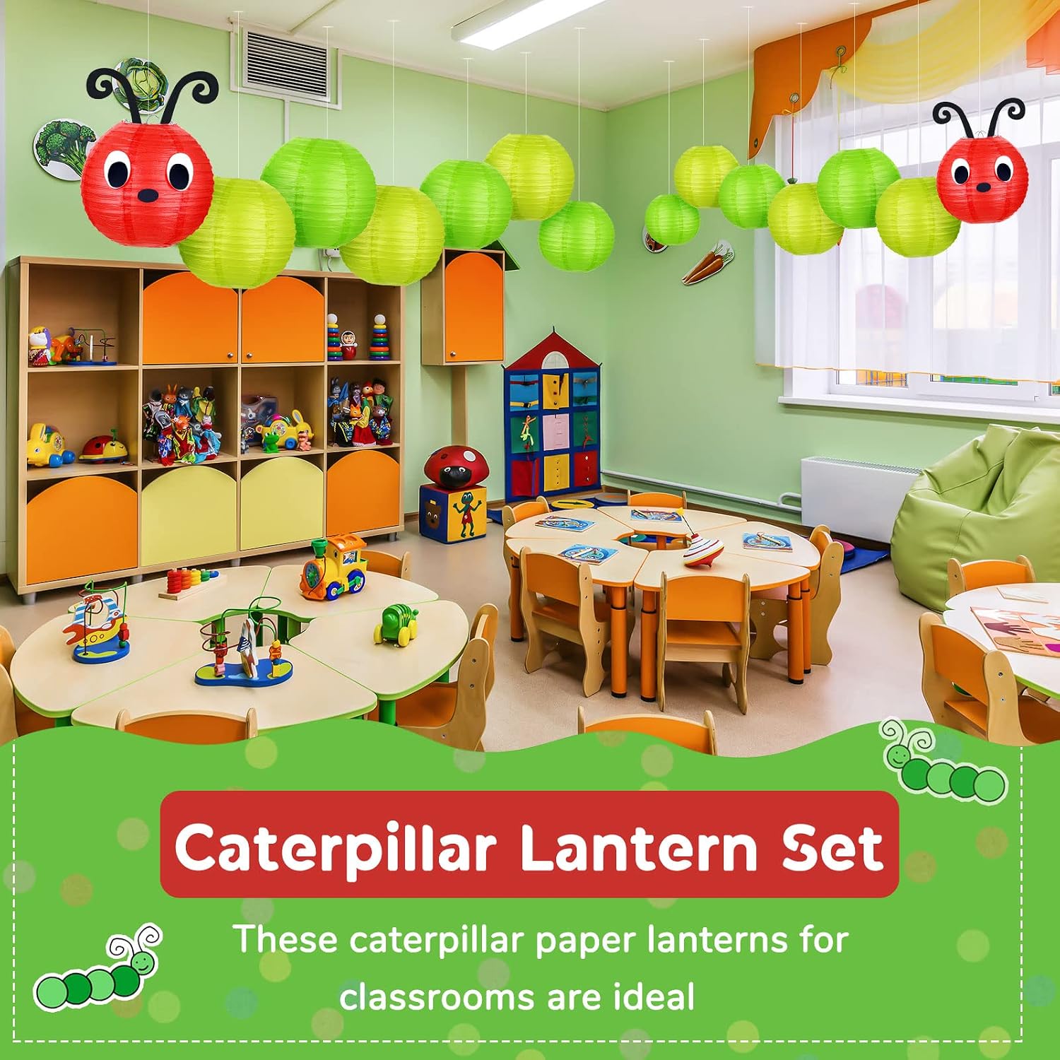 Hortsun 14 Pcs Caterpillar Theme Birthday Decorations Caterpillar Paper Lanterns Sets for School Classroom Birthday Party Favors, with Eyes Mouth Feelers Glue Point (Red Green Color)