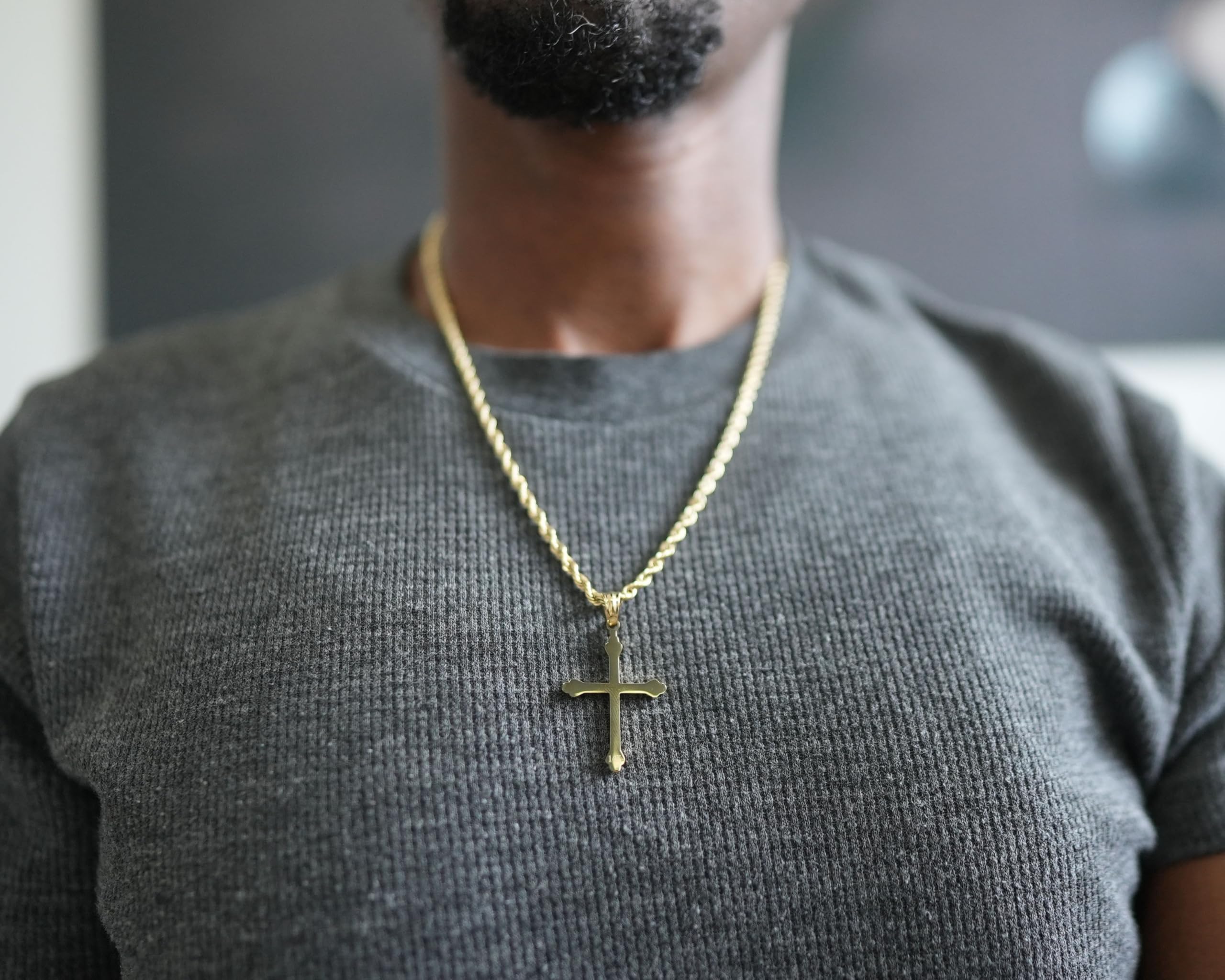 18K Small Gold Cross Necklace Pendant Charm with 3MM Rope Chain Gift for Men Women Husband Wife Baptism Religious w/real strong Solid Clasp Fashion Jewelry