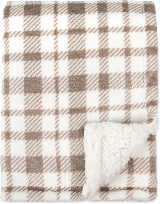 Luxury Velour Plush Printed Baby Blanket for Newborns, Infants and Toddlers (Plaid Taupe)