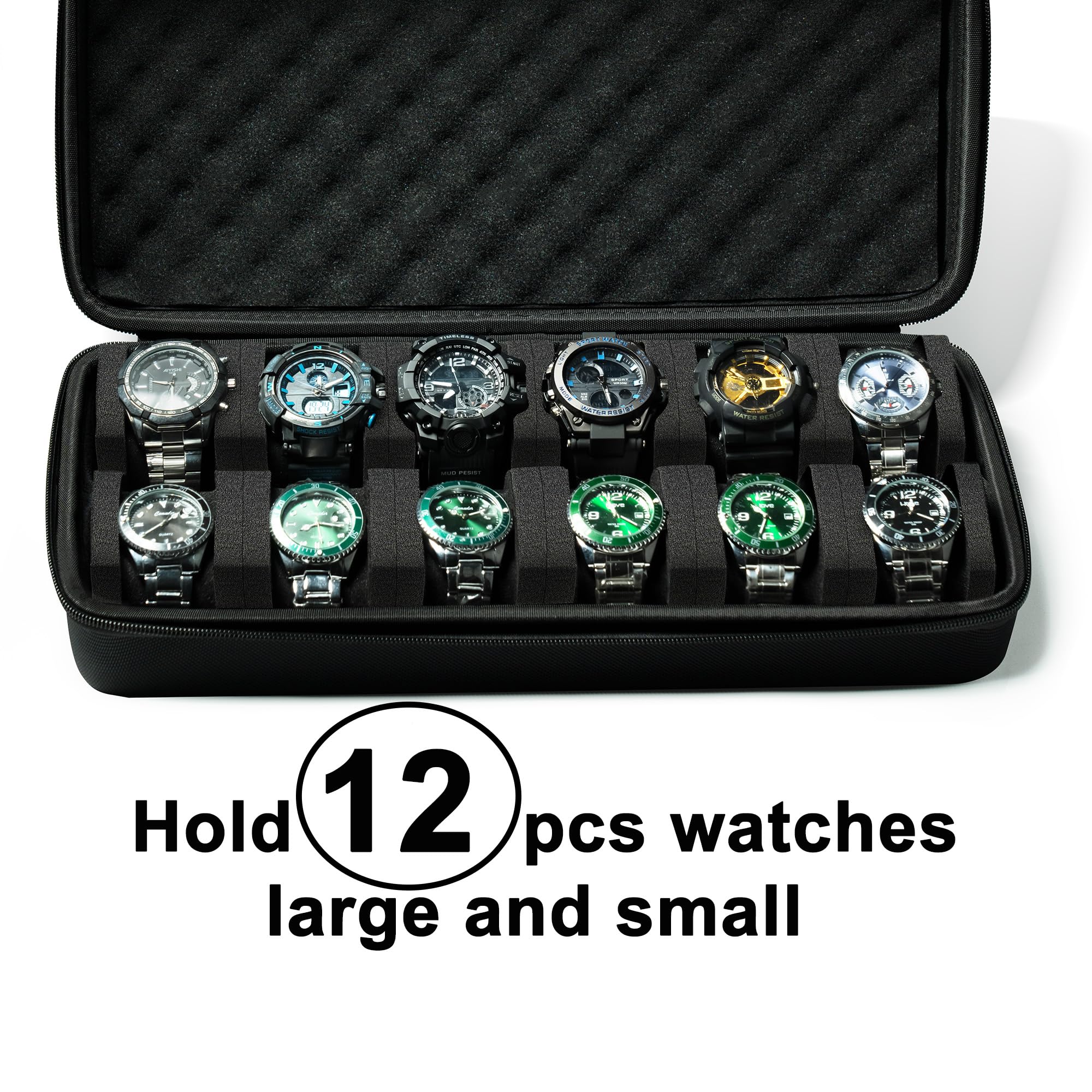 Boîte de rangement pour montres à 12 emplacements, boîte de voyage rigide pour montre, étui rembourré pour l'affichage et l'organisation