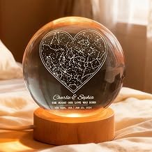 Personalized Couple Keepsake with Names and Location, Star Map by Date Crystal Ball LED Night Light, Romantic Gift, Valentine Present for Him or Her, Bedside Decor for Bedroom