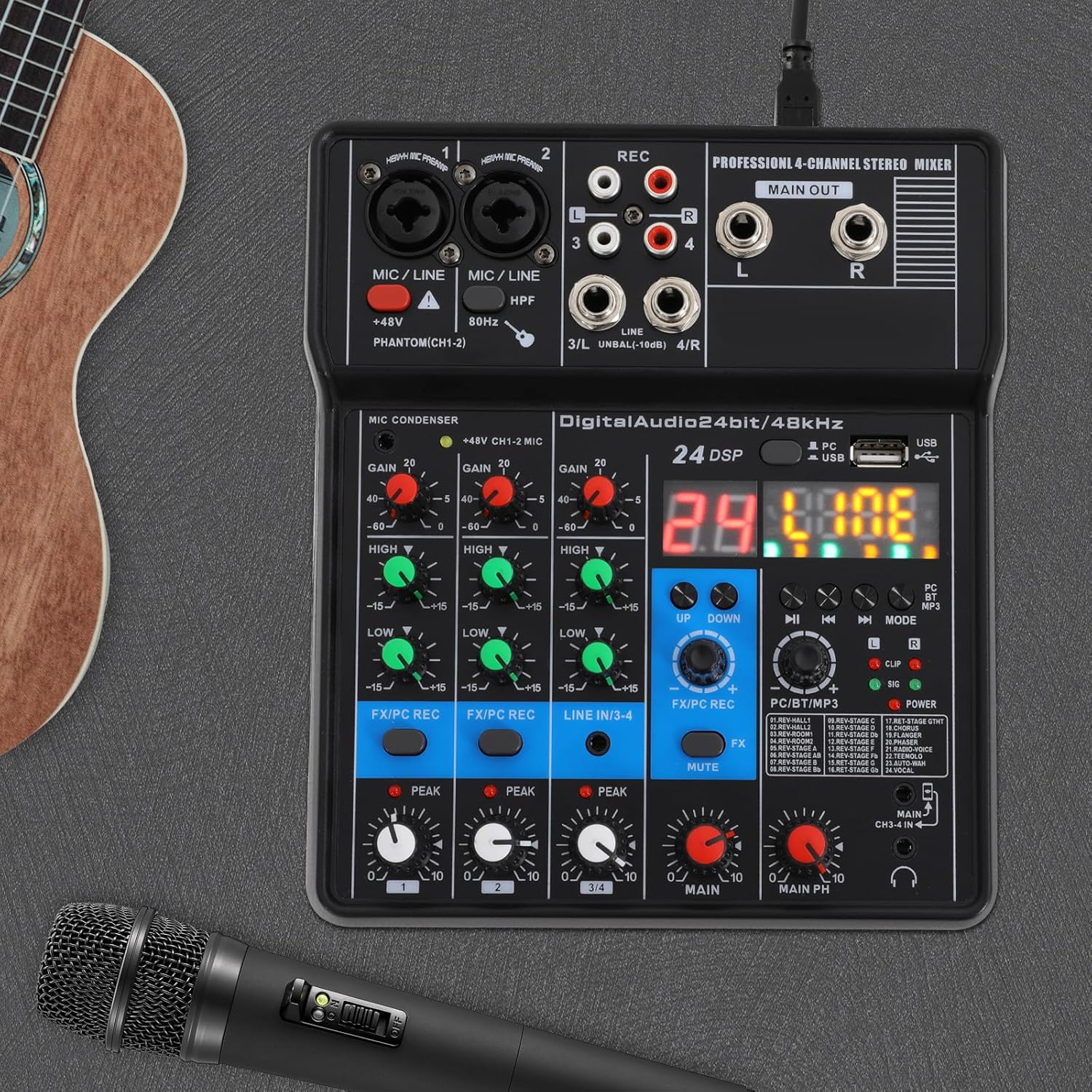 4-Channel Compact Professional Mixer Audio Interface, Mixing Console W/USB LOOPBACK & Bluetooth, All-in-One Mixer Board High Compatibility for Live Streaming Recording Home Studio