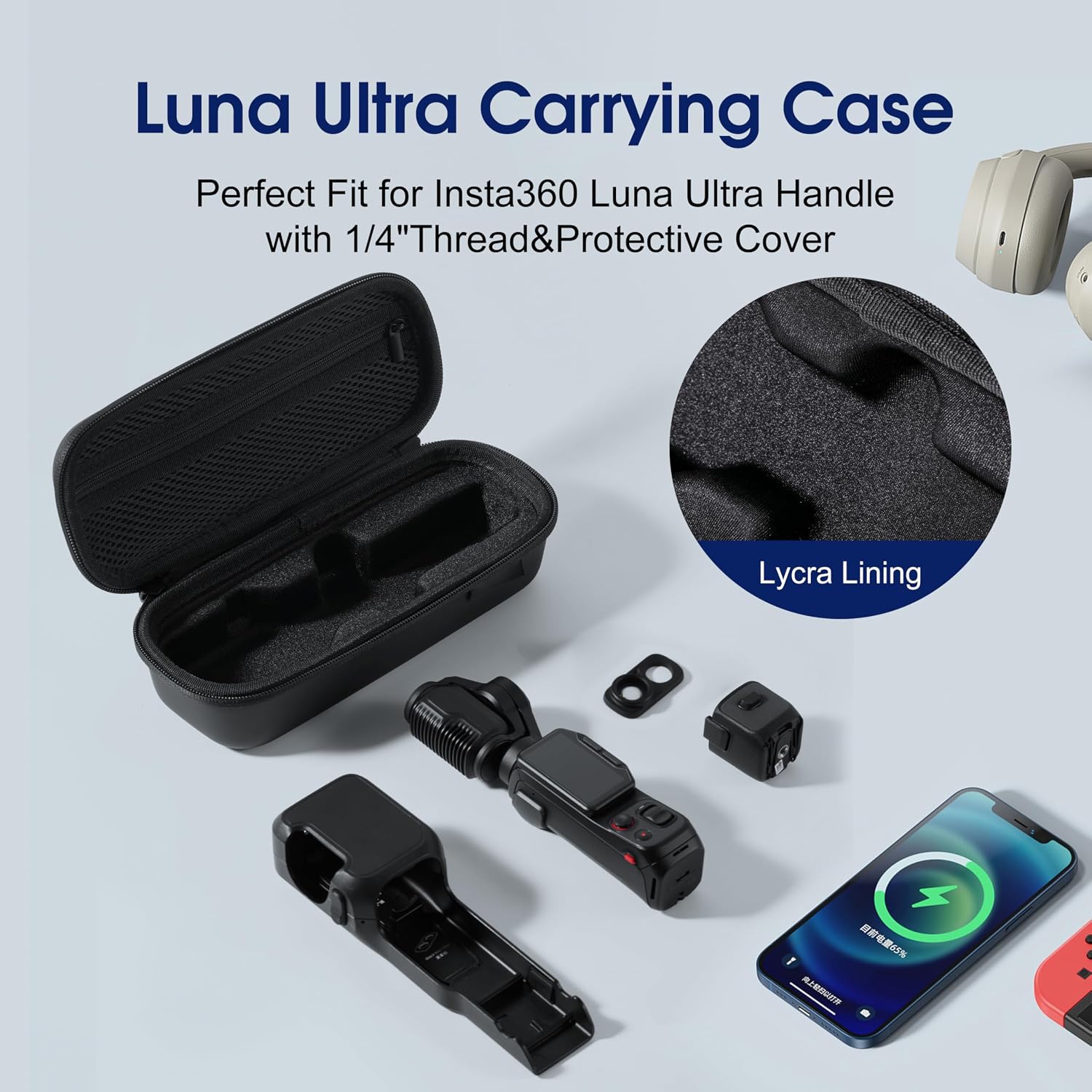 Luna Ultra Carrying Case For Insta 360 Luna Ultra Accessories Portable Travel Storage Bag for insta360 Protective Cover Case Handle 1/4" Thread with Wrist and Carabiner Black (Case Only)