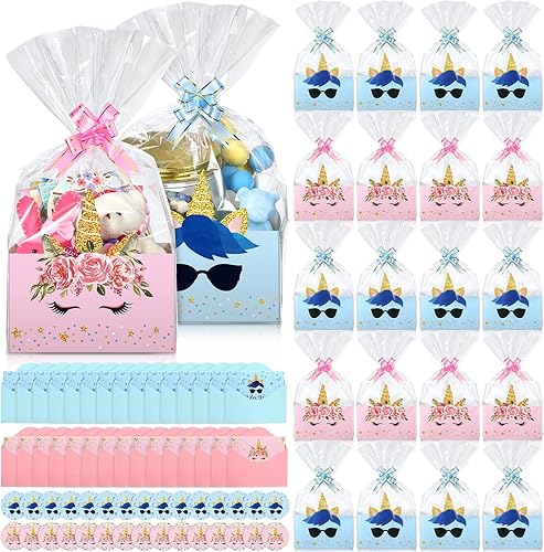 PerKoop Juego de 30 cajas de regalo de unicornio rosa y azul, juego de caja de regalo de unicornio para fiesta de cumpleaños, baby shower, bolsa de