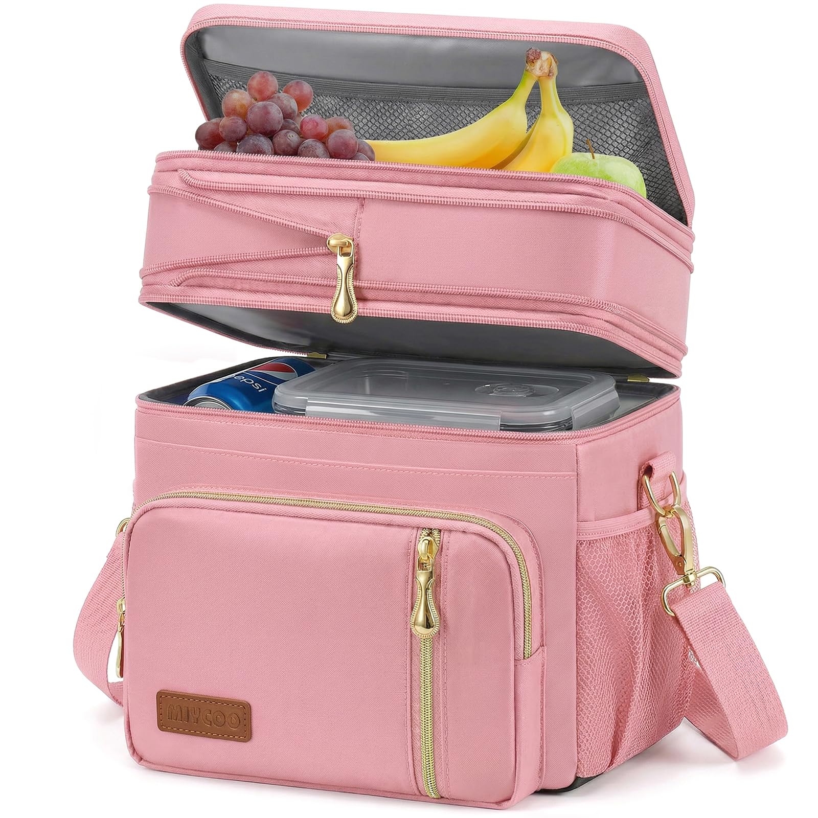 MIYCOO Lunch Bag & Lunch Box for Women Men Double Deck - Leakproof Insulated Soft Large Lunch Cooler Bag for Picnic, Pink,15L