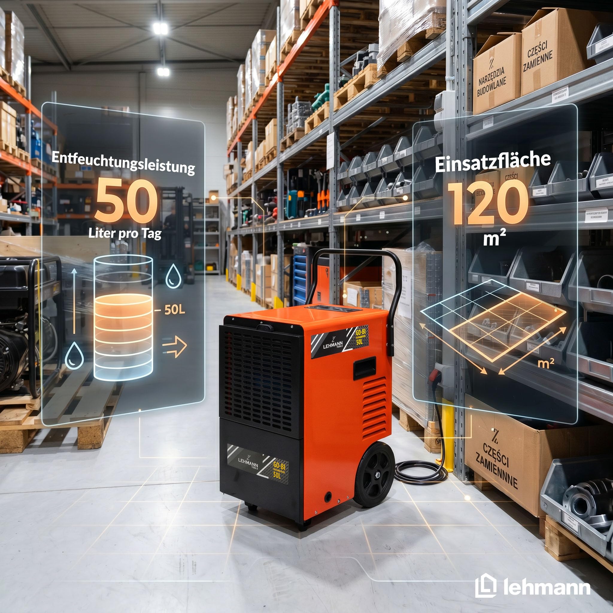 LEHMANN Profi Bautrockner Luftentfeuchter, Entfeuchtungsleistung 50 L/Tag, Fläche bis 120 m²/300 m³, Industrie Entfeuchter mit Timer, 7 L Großwasserbehälte, Geeignet für Keller & Große Räume