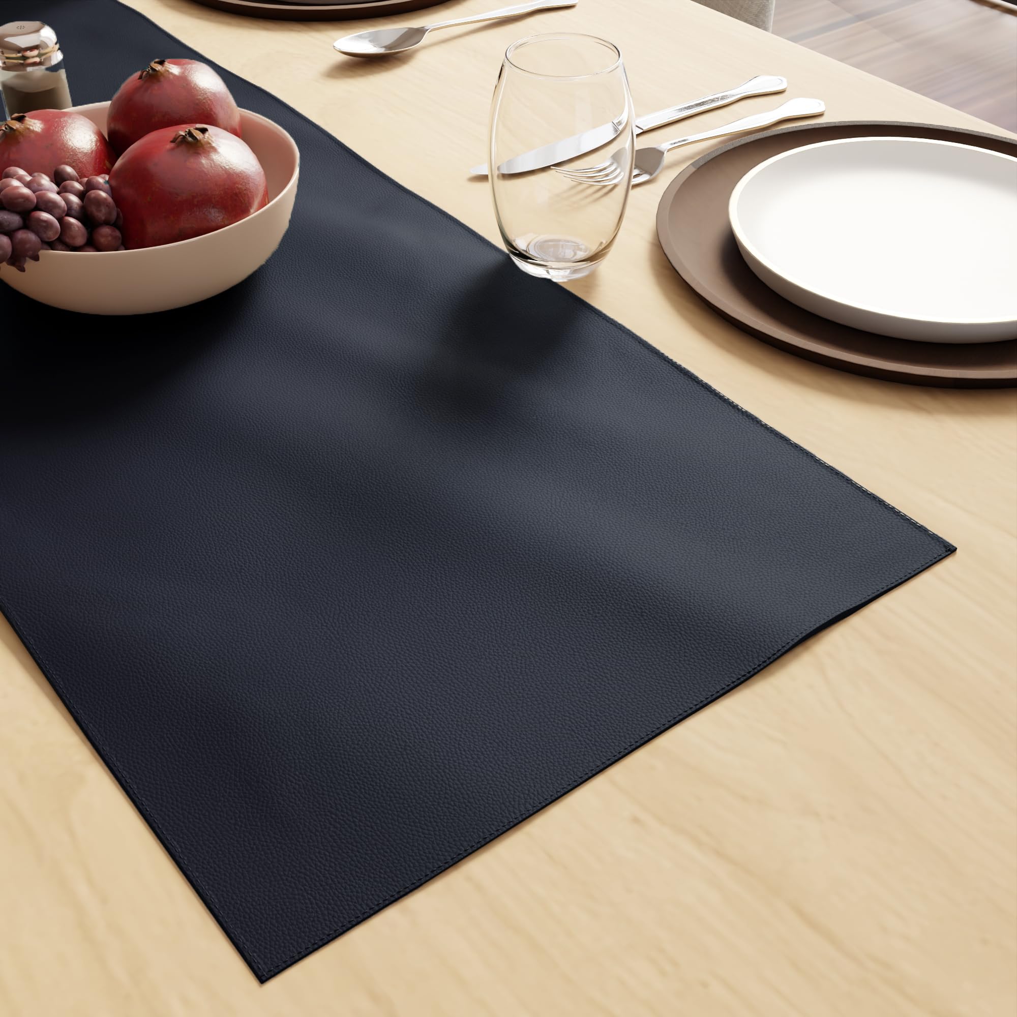 Encasa XO Faux Leather Table Runner | Size 30x91 cm with 0.7mm Thick | Waterproof & Nonslip Tricot Backing | Navy Blue Color For Dining & Kitchen Table Decor