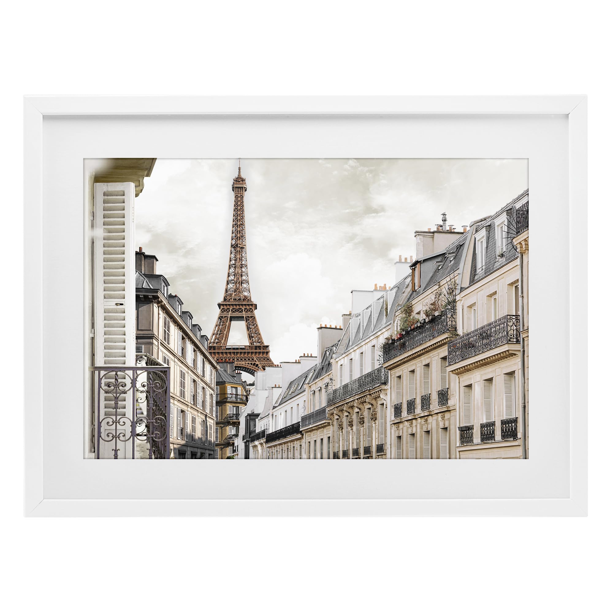 Stupell Industries Eiffel Tower Through Balconies 'Eiffel Tower Through Parisian Balconies', Framed Print Under Glass, White, 23 X 17 Inches, Easy To Hang And Sturdy, Made In Usa, By Cad Designs