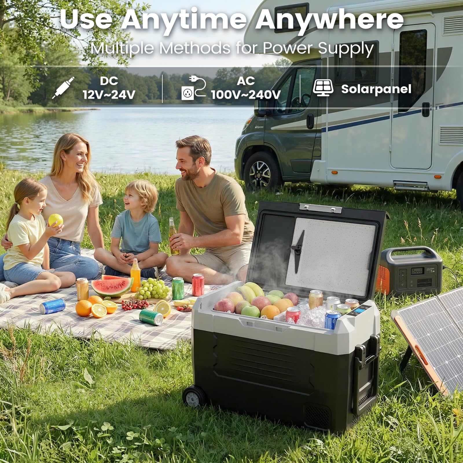 KROAK 45L Kompressor-Kühlbox mit Bluetooth-App, Dual-Zone (-20°C bis +20°C) | elektrisch für 12V/24V/230V – mit Rollen, Trennwand & Schneidebrett – ideal für Camping, Auto, LKW, Wohnmobil