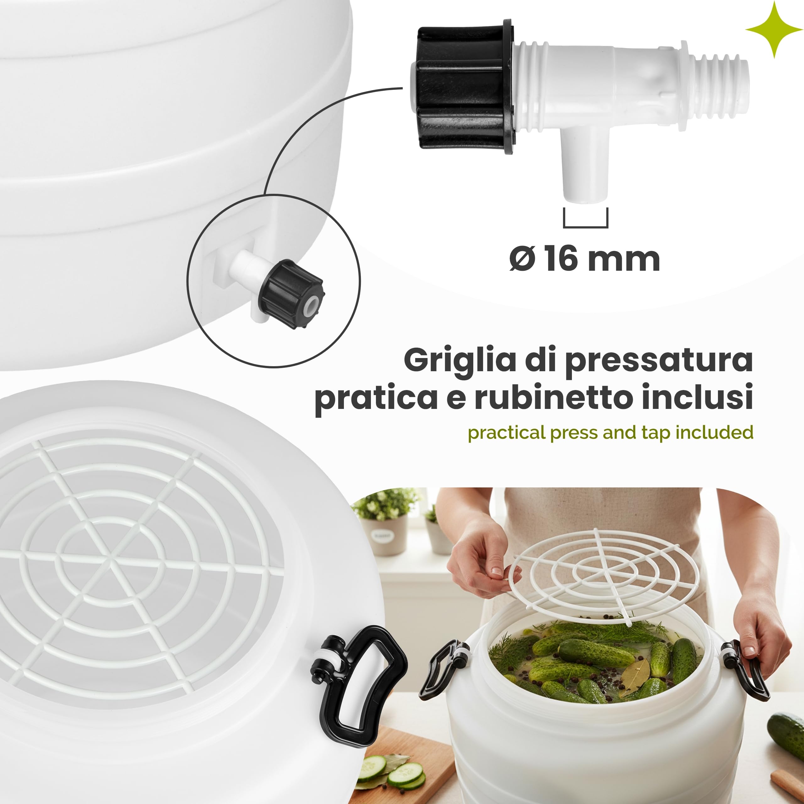 Garronda 120 L e rubinetto e pressa Fusto Bidone Plastica Mastello in HDPE come Contenitore e Serbatoio Acqua e Alimenti per Stoccaggio, Fermentazione e Raccolta Acqua Piovana GD-0187 Bianco