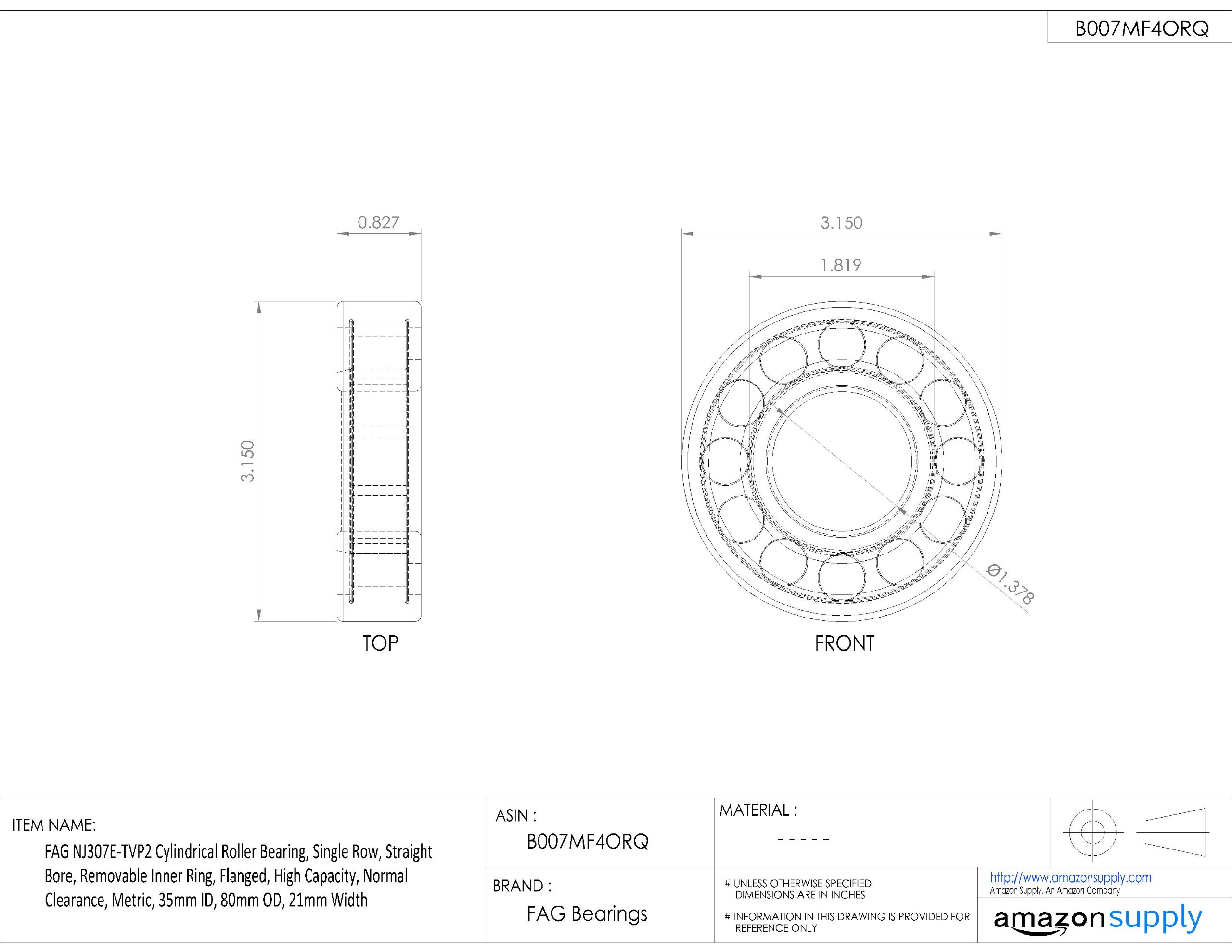 FAG Nj307e-tvp2 cylindrique Roulement à rouleaux, rangée simple, Alésage, Bague intérieure amovible, Flanged droite, haute capacité, espace Normal, métrique, 35 mm ID, 80 mm OD, 21 mm de largeur