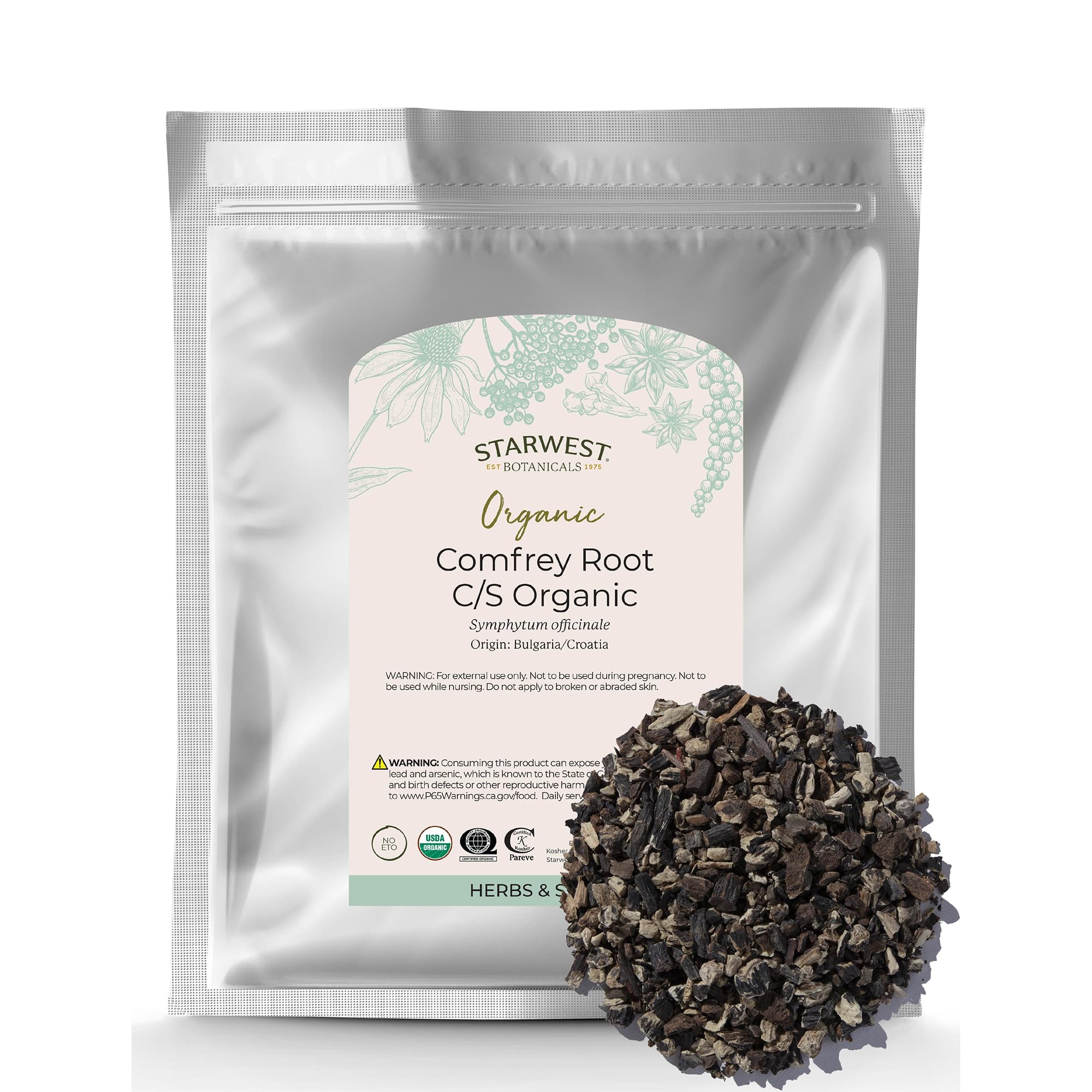 Starwest Botanicals Organic Dried Comfrey Root - Natural Herb for Topical Application, Salve or Oil, Cut & Sifted, Certified Kosher, Non-GMO - Bulk 1 lb Bag