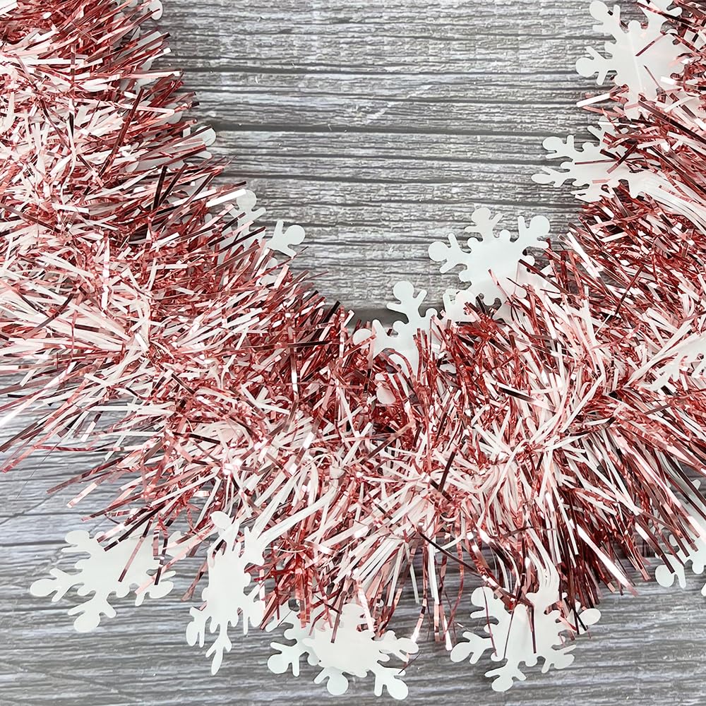 Rose Gold Snowflake Tinsel Garland, 10m / 32.8ft Metallic Shiny Thick Hanging Decorations for Christmas Party Home Decorations - Image 2
