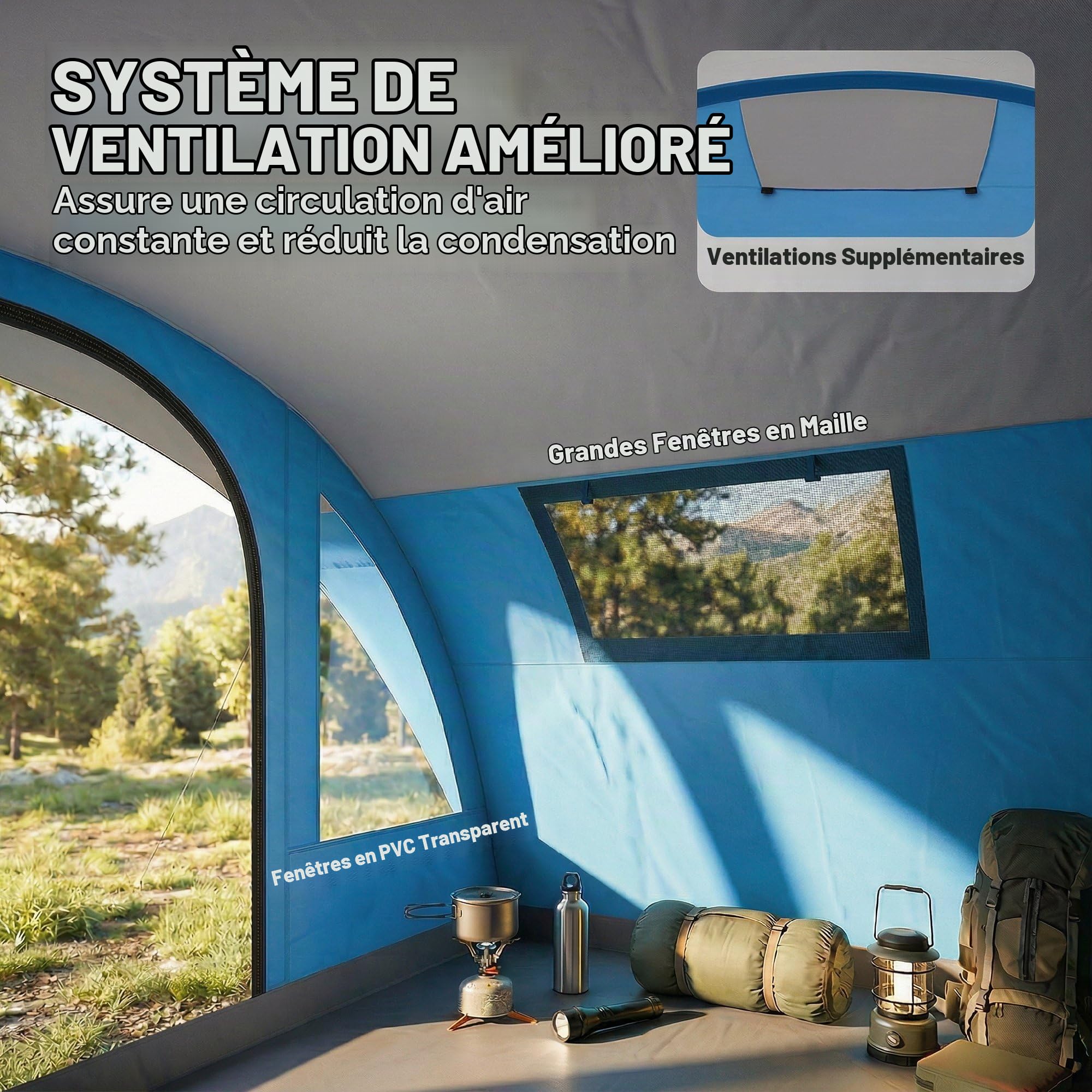 Outsunny Tente de Camping familiale pour 5 Personnes Pliable 3000mm Bleue | Tente tunnel de camping, 3 pièces, porte, 4 fenêtres, porche, sac imperméable, montage facile