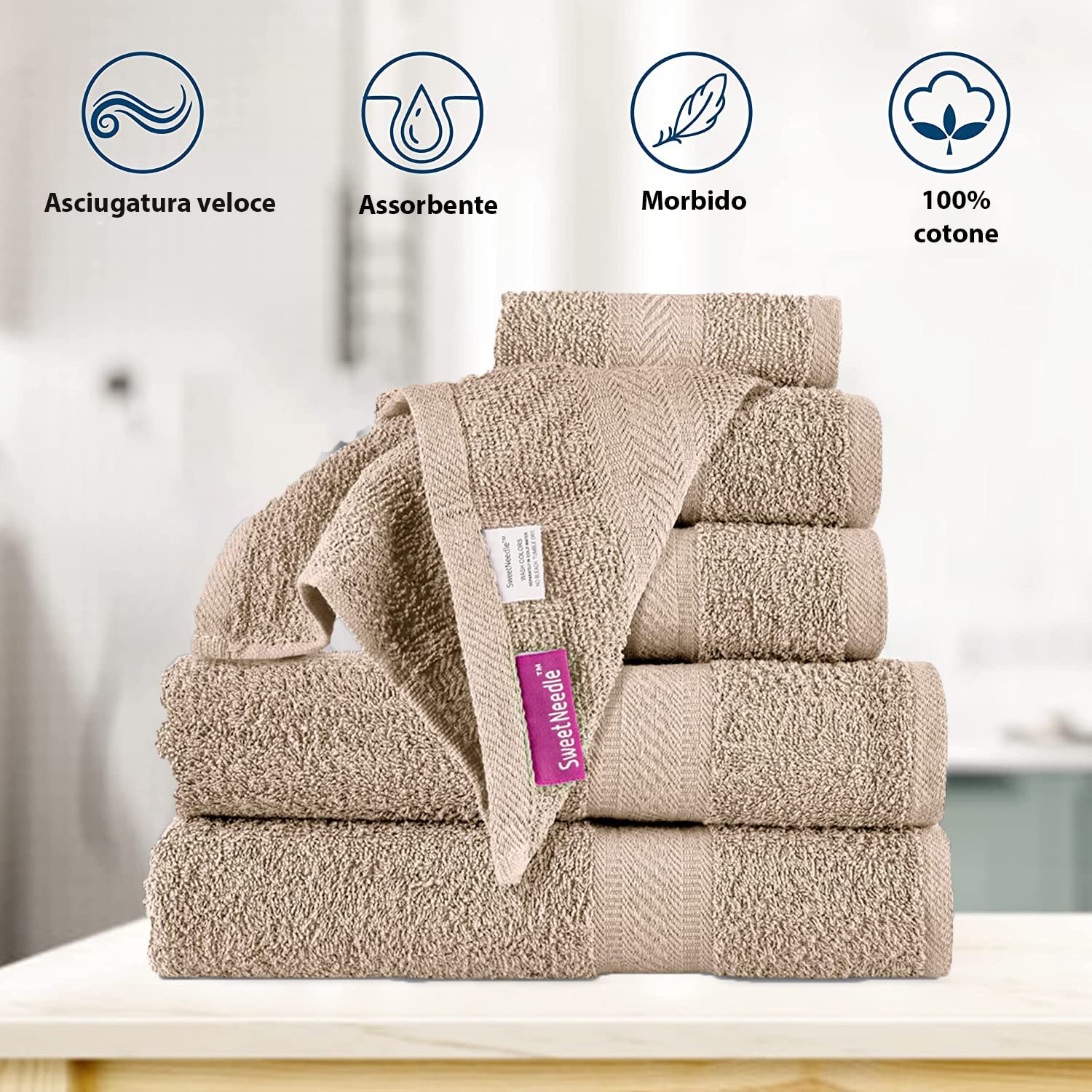 Sweet Needle Set di asciugamani - 2 asciugamani da bagno, 2 asciugamani e 2 salviette, uso quotidiano 500 g/mq, filato ad anello, altamente assorbente per bagno, biancheria (confezione da 6)