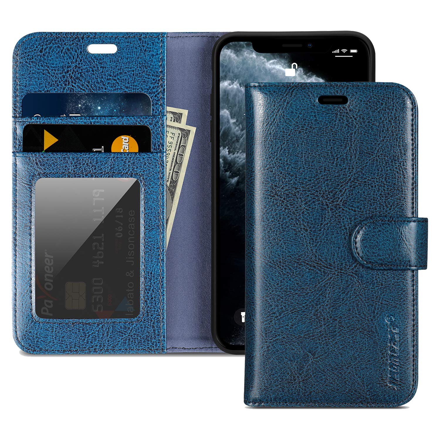 JISONCASE iPhone 11 Pro Wallet Case, Anti-Slip Genuine Leather iPhone 11 Pro Wallet Case with Cards Holder & Magnetic & RFID Blocking, Protective Cover Flip Case for Apple iPhone 11 Pro-5.8" Blue