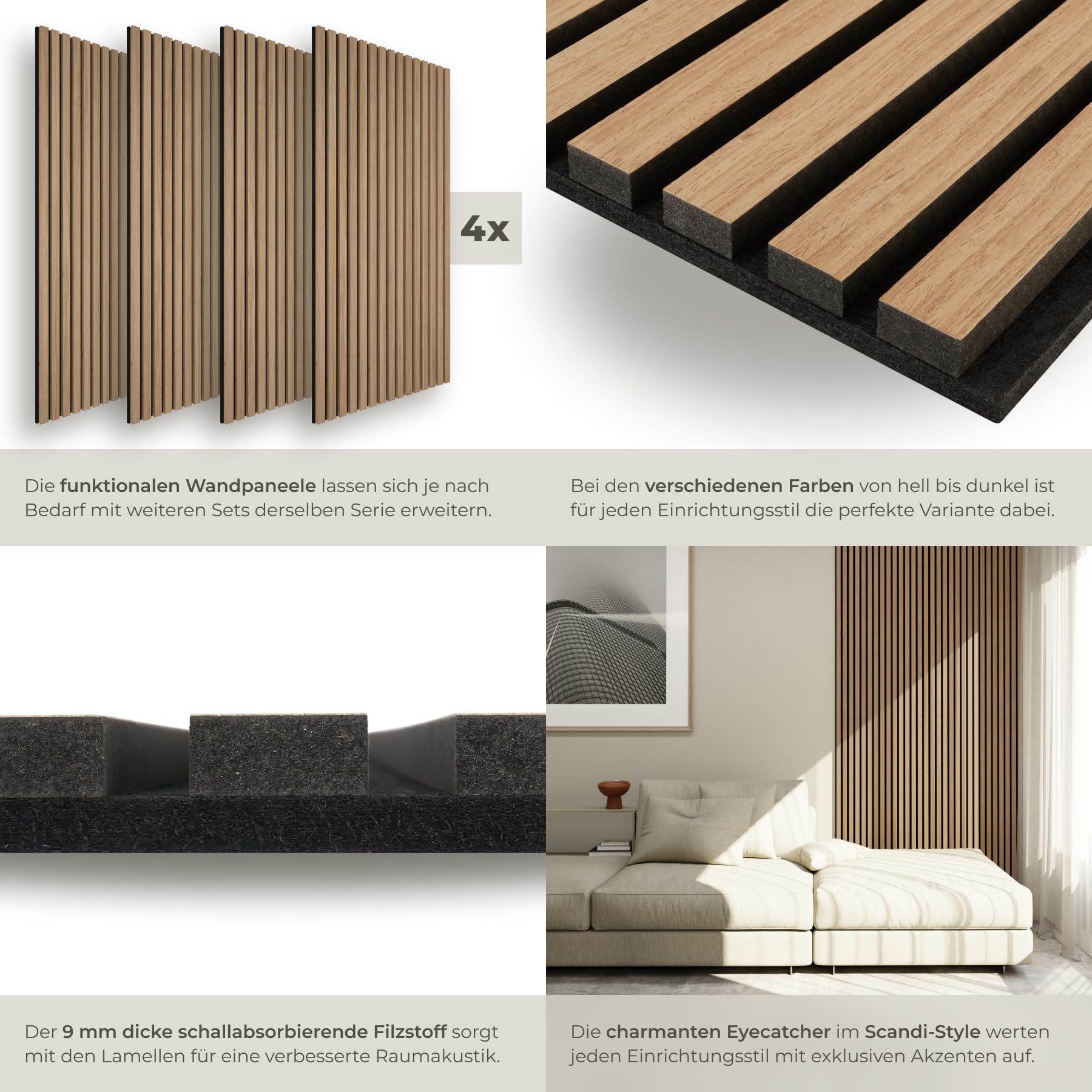tectake® 3D Akustikpaneele 120 x 60 x 2,1 cm, Holz Optik Paneele, Wandpaneele in Holzoptik als Schallabsorber, Panels für Wohnzimmer, Küche, Wandverkleidung, Schallschutz - Eiche, 4er Set