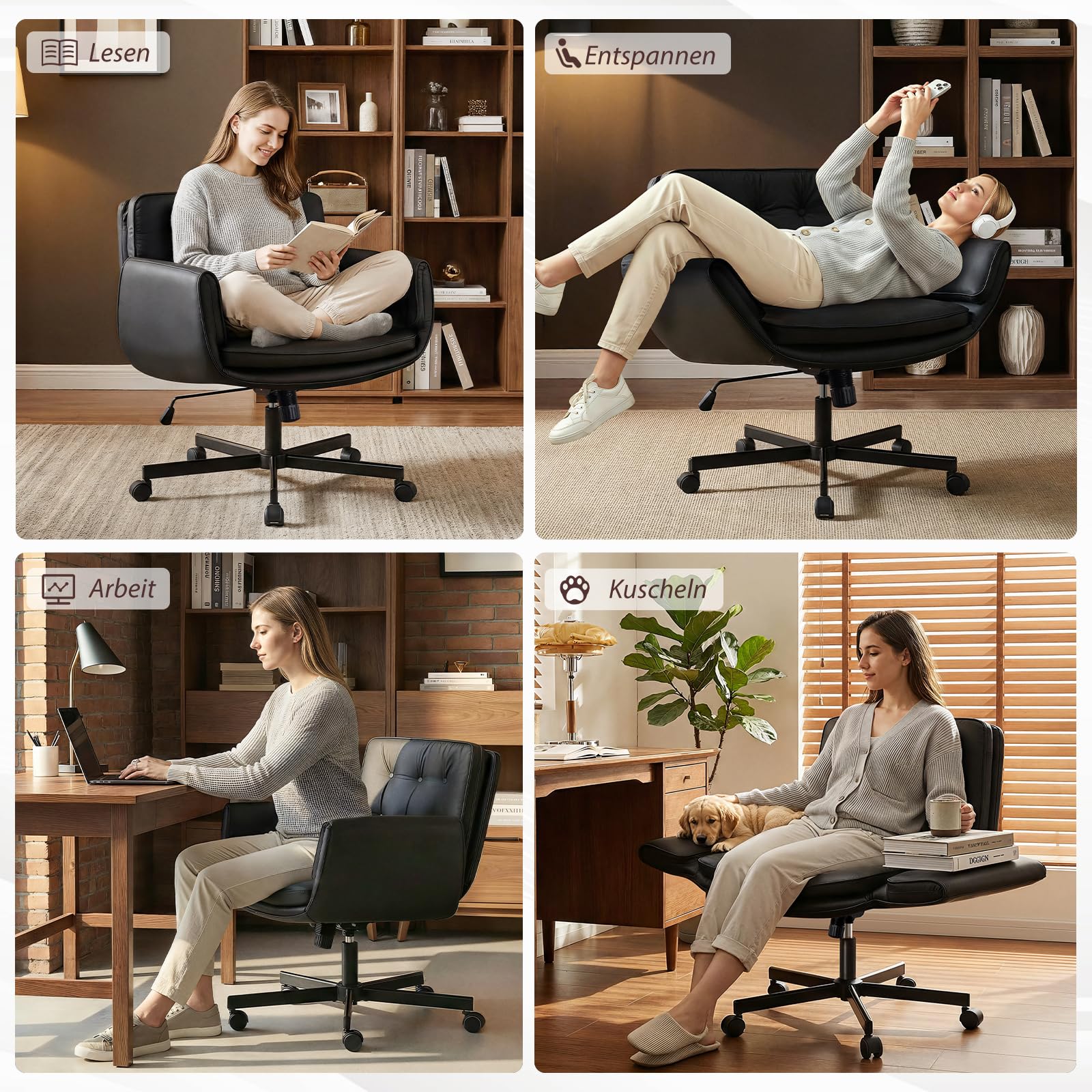 Bürostuhl Ergonomisch mit 5-Stufig Verstellbare Armlehnen, Schreibtischstuhl mit Breitem Sitzkissen, PU Leder Schneidersitz Stuhl mit Neigefunktion, Höhenverstellbar Drehstuhl, Schwarz