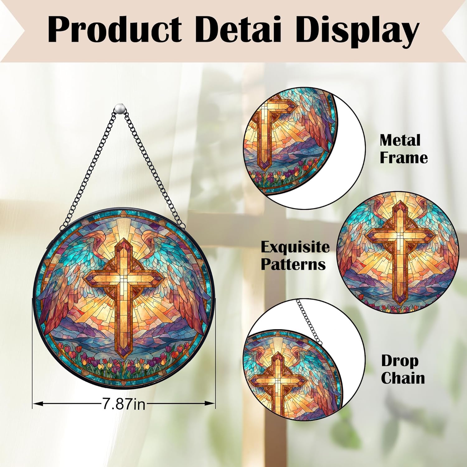 Cross Stained Glass Window Hanging Suncatchers, Christian Cross Sun Catchers Indoor Window Glass Wall Art Decor, Religious Biblical Wall Hanging Decorations Sculptures, 7.9x7.9in - Image 7