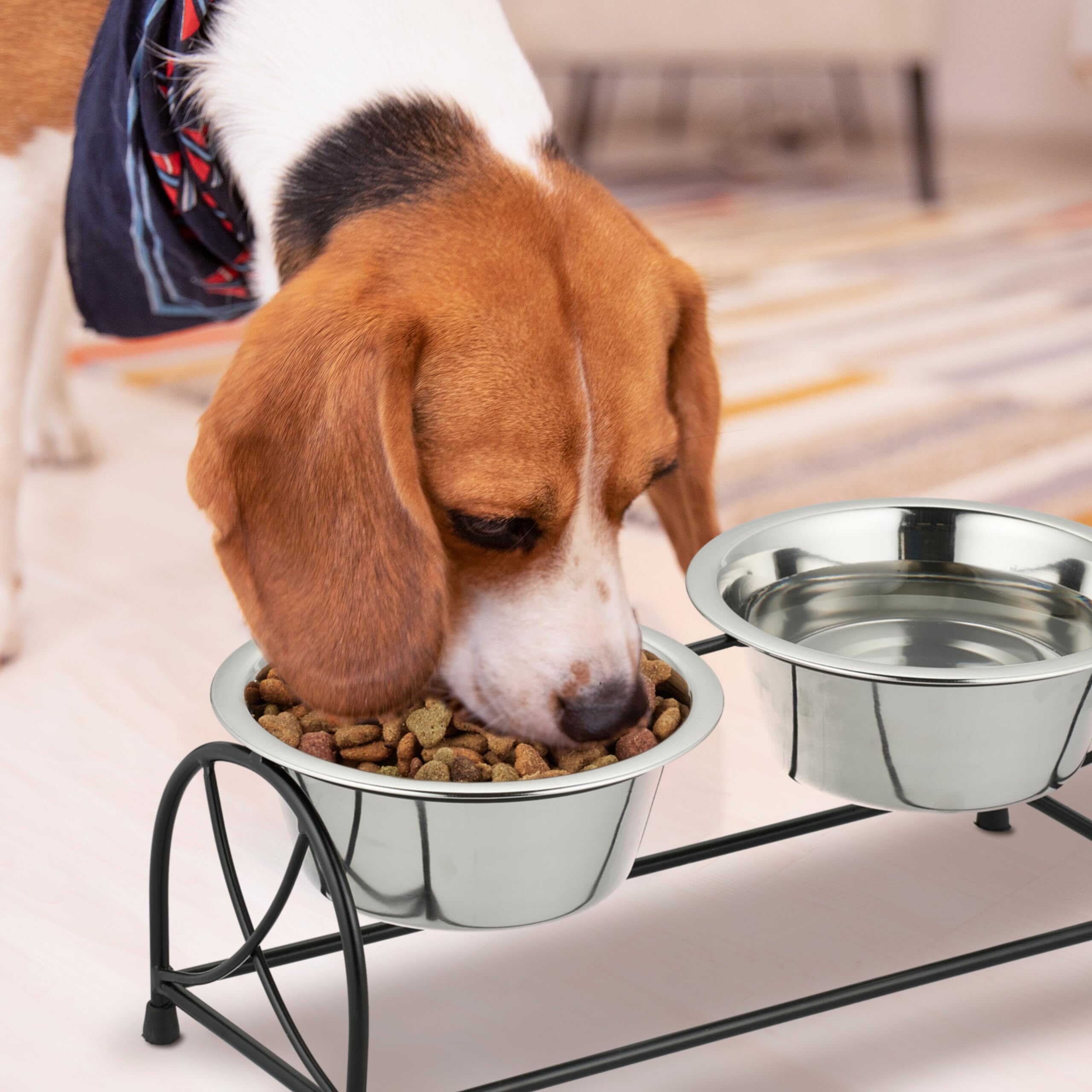 Relaxdays Gamelles, Support pour Petits Chiens, avec 2 Bols en Acier Inoxydable de 1 L chacun, Noir - argenté