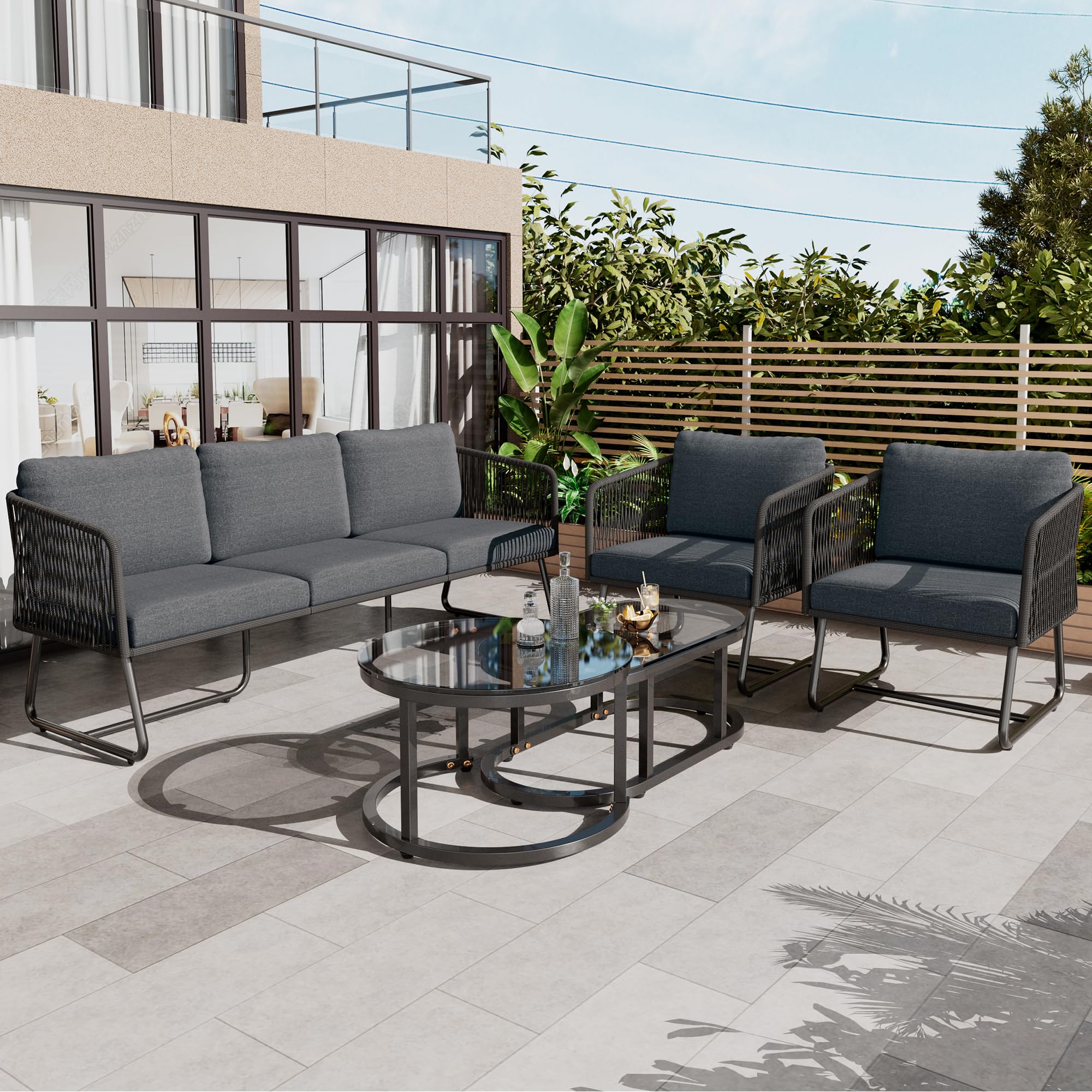 Salon de Jardin Exterieur 5 Personnes, canapé 5 Places avec Table gigogne en Verre, Coussins, tressée Salon de Jardin Aluminium, canapé d'extérieur pour terrasse, pelouse, Balcon,Gris