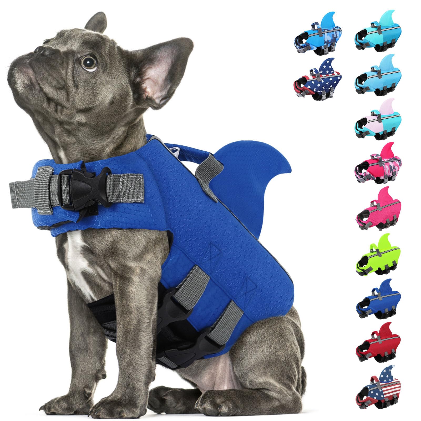 SUNFURA Dog Life Jacket Shark Life Vest for Dogs, Adjustable Swmming Vest with High Buoyancy, Safety Lifesaver with Rescue Handle for French Bulldog
