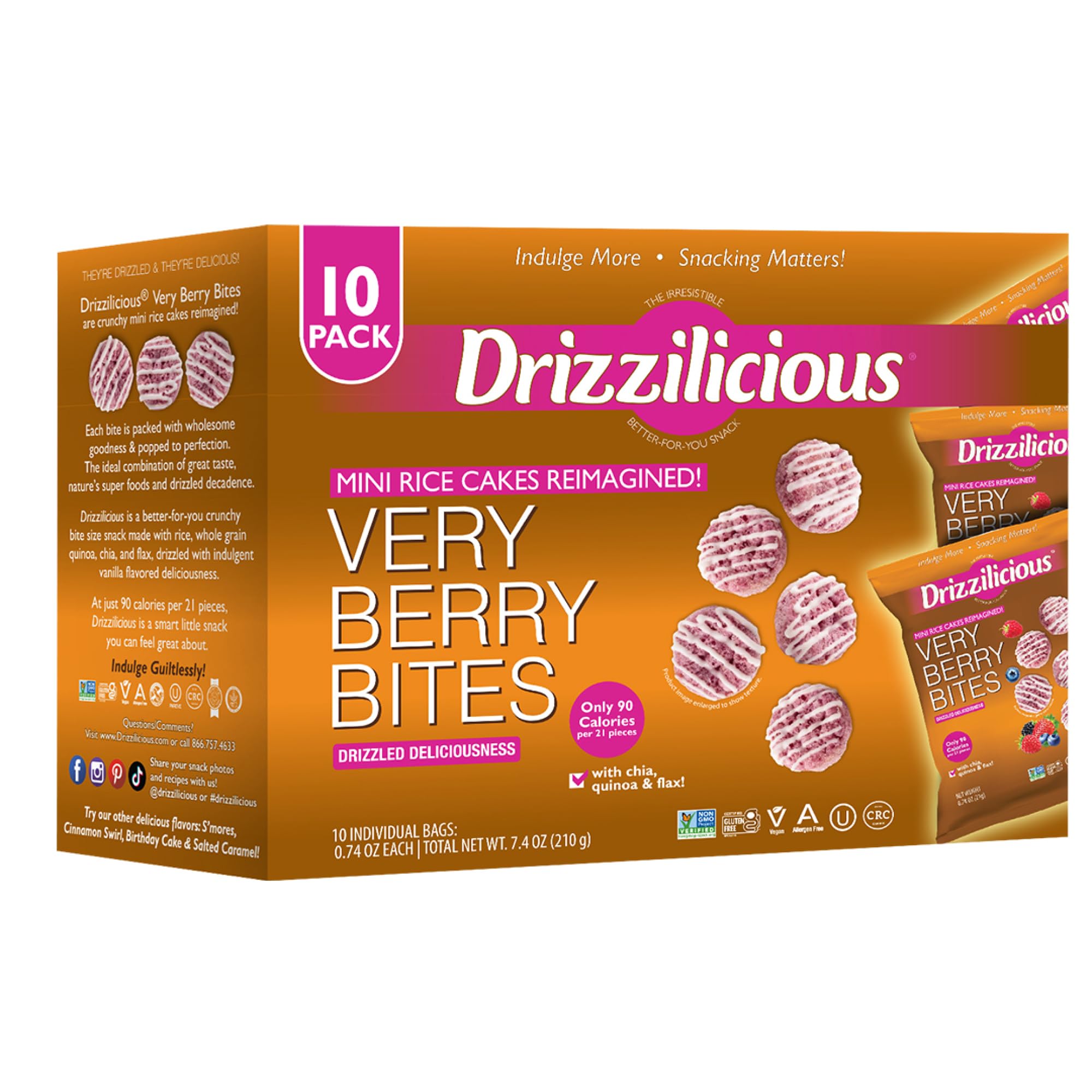 DrizziliciousMini Rice Cakes Very Berry - Rice Crisps, Healthy Snack for Adults and Kids, Flavored Rice Cakes, Vegan, Gluten Free, Allergen Free, Only 90 Calories Per Bag - .74 oz (Pack of 10)