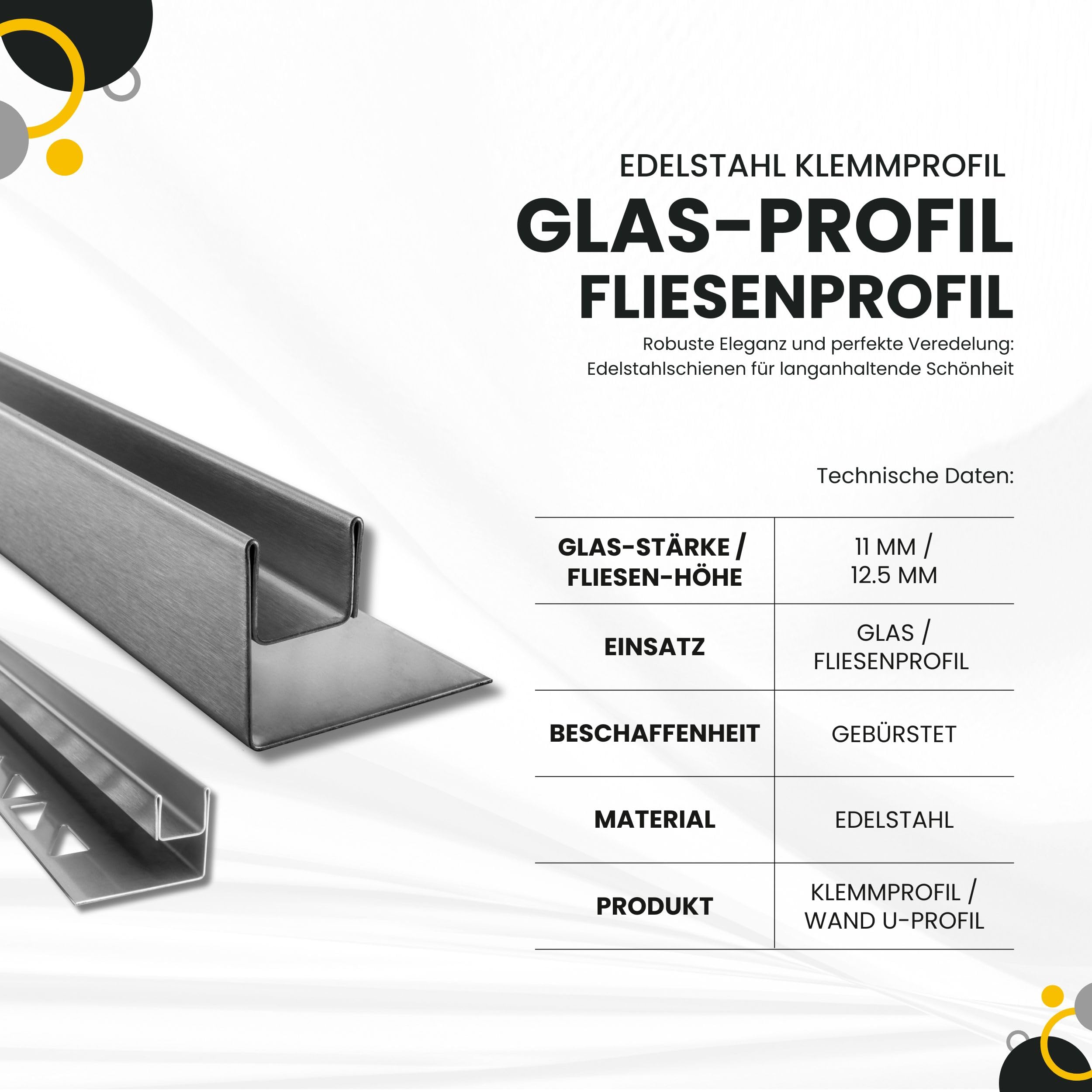 Glas-Fliesenprofil Edelstahl Klemmprofil Wandprofil V2A 2,5m H26,5mm 11mm Glas gebürstet