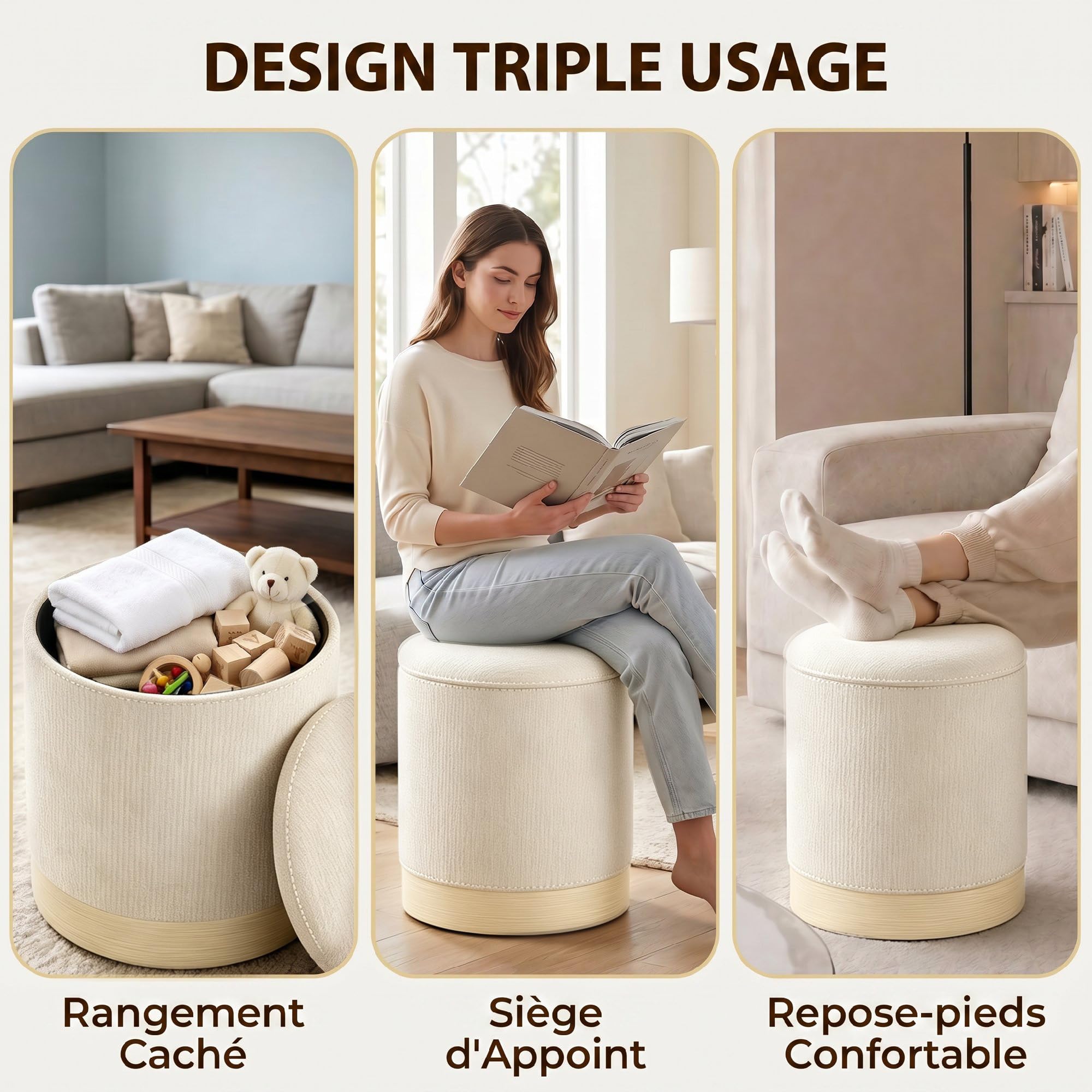 HOMCOM Pouf rotondo portaoggetti in ciniglia, Ø38x45 cm, beige | Pouf poggiapiedi, base in metallo effetto legno, per camera da letto, ingresso, soggiorno, portata 120 kg.