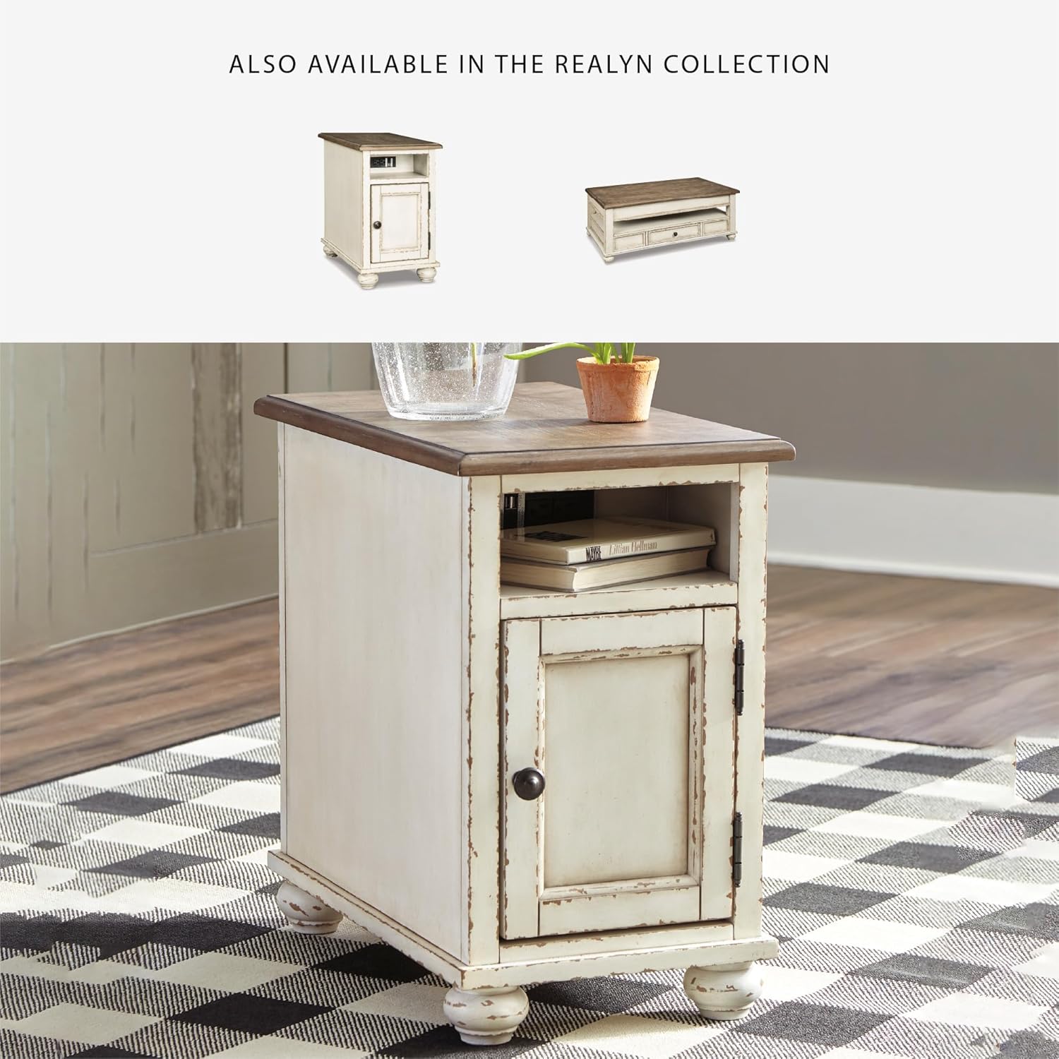 Signature Design by Ashley Realyn French Country Chair Side End Table, Cabinet Storage with Shelf, Outlets and USB Ports, Wood, 14" W x 24" D x 23.13" H, Cream