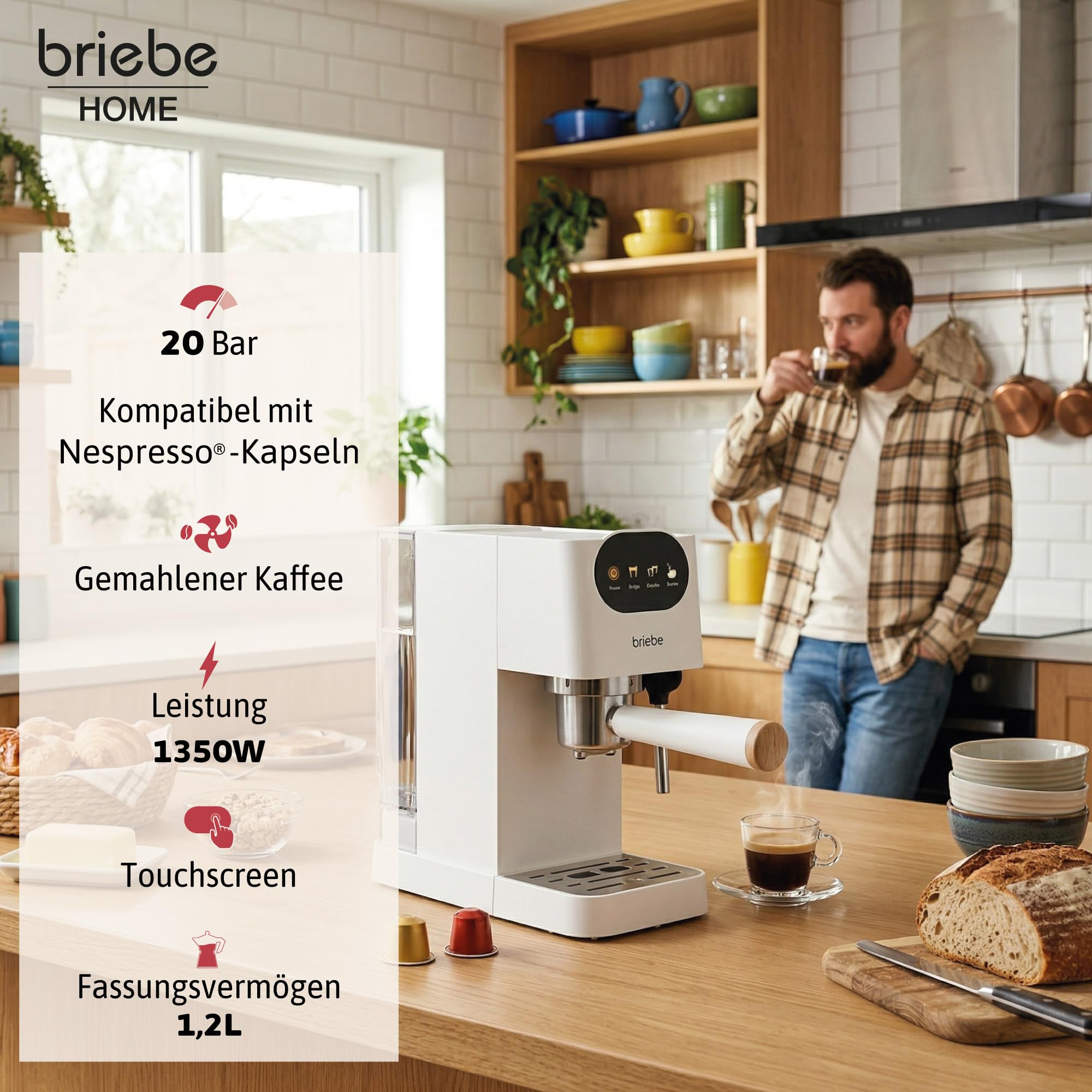 briebe Nordic Kaffeemaschine 20 Bar Kompatibel Nespresso-Kapseln und Kaffeemehl, Espresso Siebträgermaschine 1350W, Milchaufschäumer, Touch-Display, 1,2L Wassertank, Skandinavisches Design, Weiß