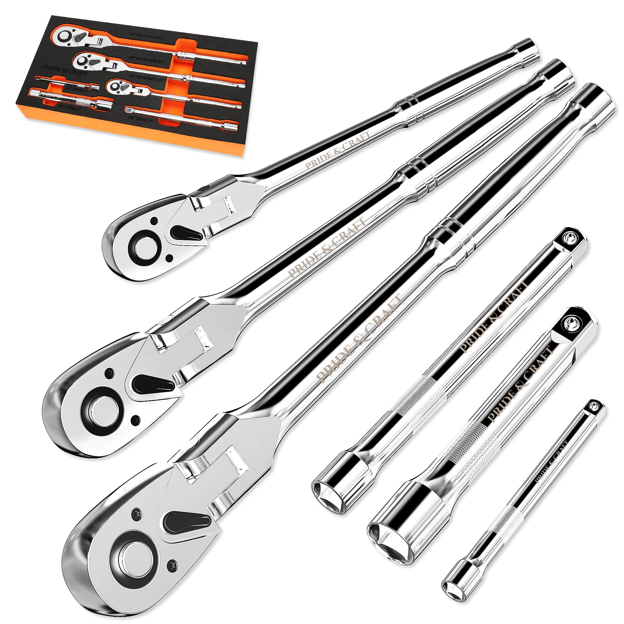PRIDE&CRAFT 6-Piece Flex Head Ratchet Set, 1/4", 3/8", 1/2" Drive 72-Tooth Swivel Head Ratchet Wrench with Extension Bars