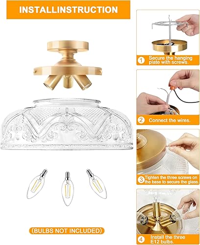 Miniatura 8 de Lámpara de techo semiempotrada, lámpara de techo dorada grande de 12 pulgadas, lámpara de techo dorada de 3 luces de globo de vidrio para casa de