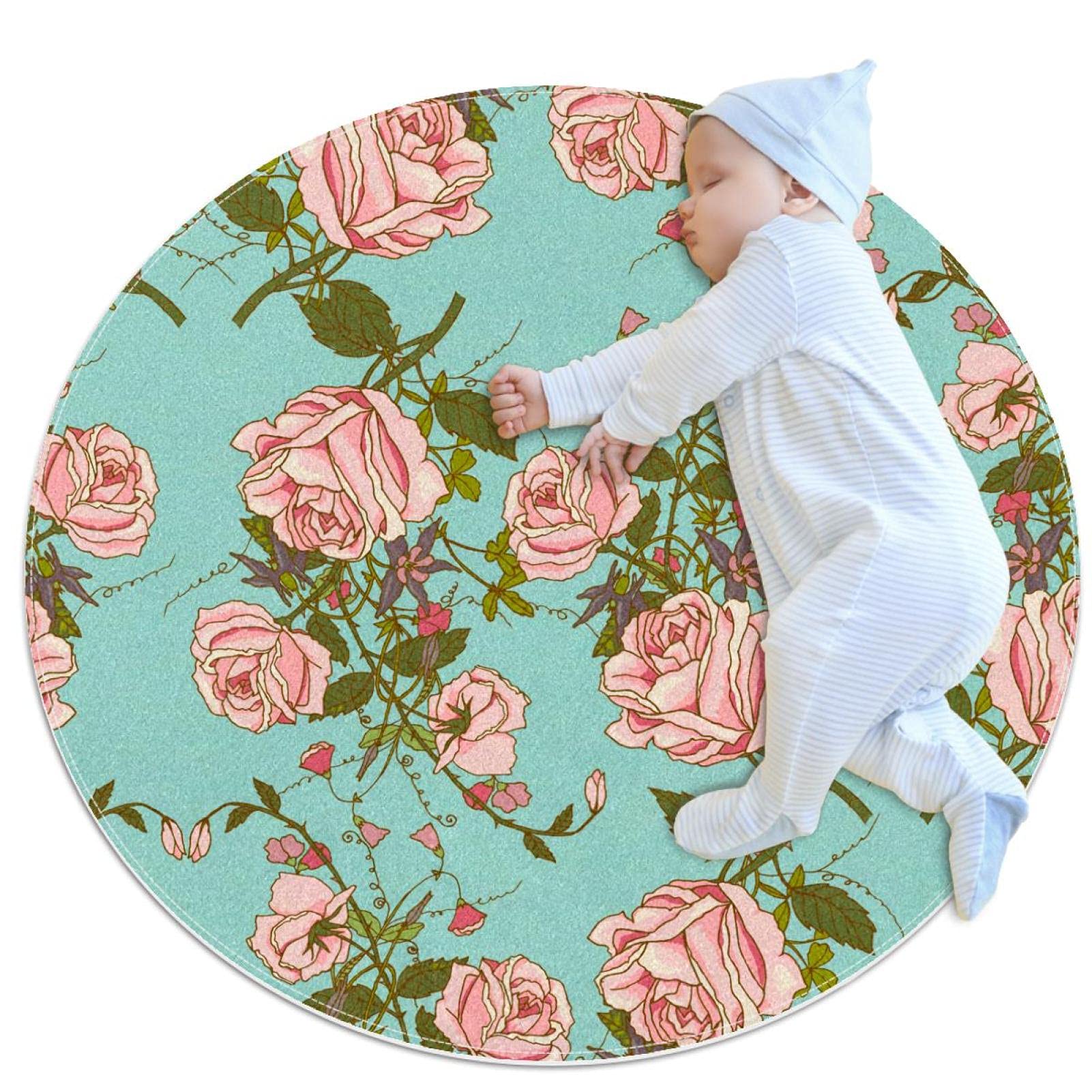 Tapis de salle de bain vintage rose bleu antidérapant et rond 1m pour chambre
