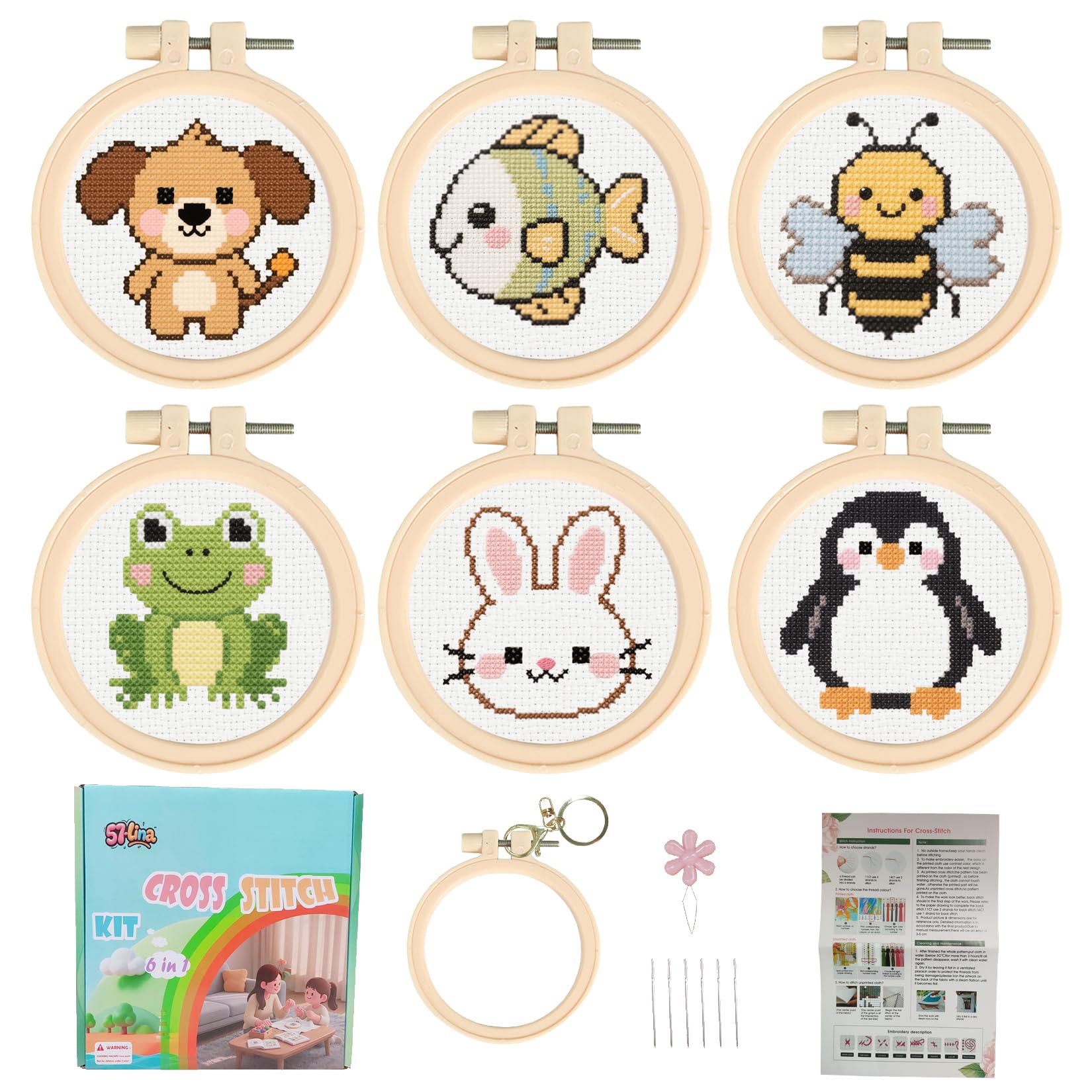 57Lilina Girls Dog+Fish+Bee+Frog+Rabbit+Penguin Cross Stitch Kits For Kids, 6 Set Easy Embroidery For Beginners