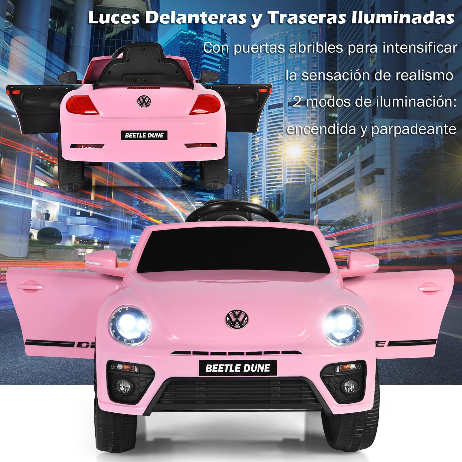 COSTWAY Volkswagen Beetle Coche Eléctrico para Niños 12V con Control Remoto, Luces, Asiento Cómodo, Doble Puerta, Música (Rosa)