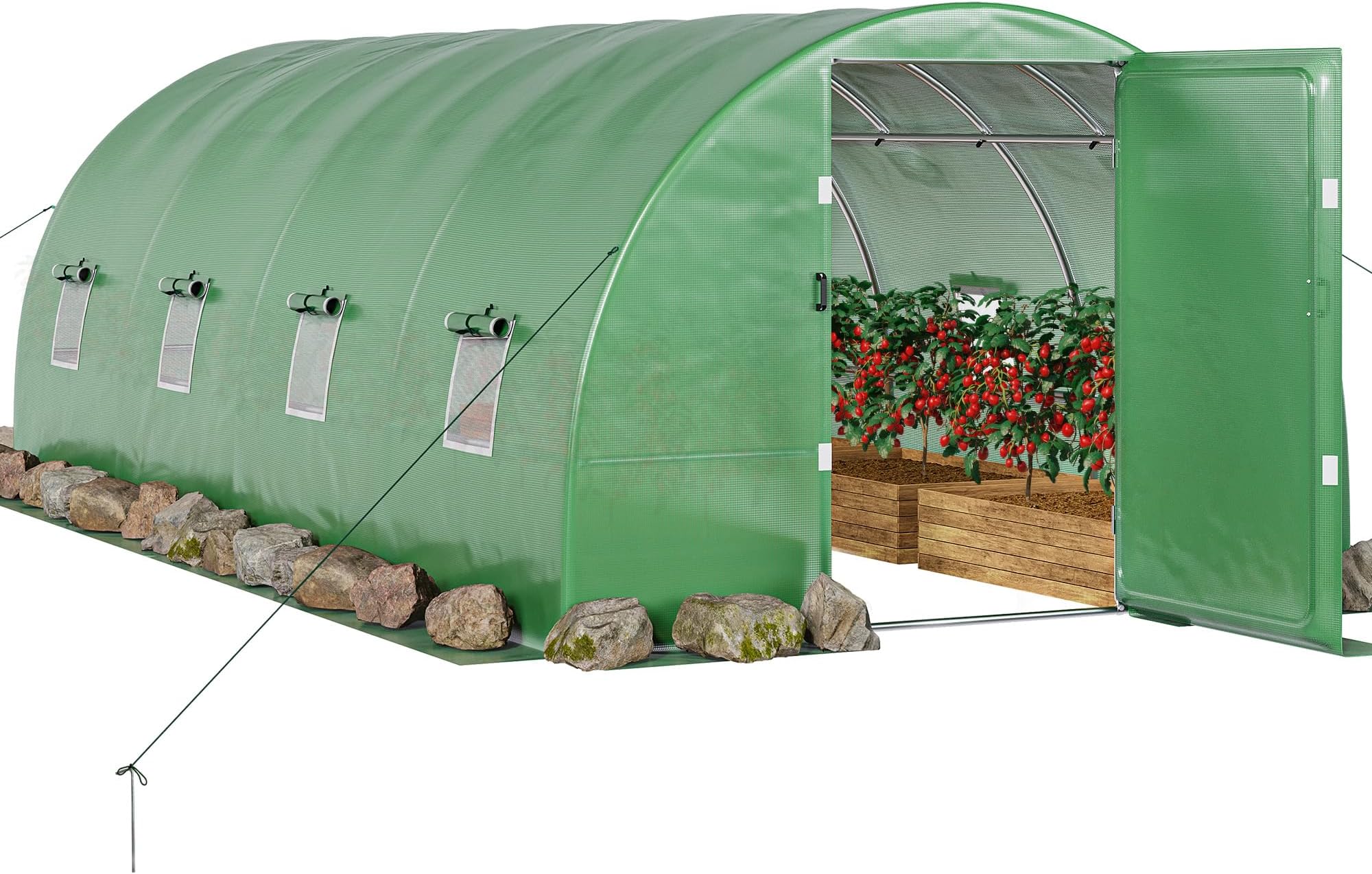 Greenhouse Replacement Cover - 20 X 10 X 7 Ft Walk-in Tunnel Top Tarp, 2 Zippered Doors & 8 Roll-up Windows (Frame Not Included)