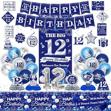 KOTLMIGHT 12th Birthday Decorations Boy, Blue Silver Happy 12 Birthday Party Decor Supplies for Boy 12 Year Old Birthday - Backdrop, Banner, Tablecloth, Centerpieces, Hanging Swirl, Hat, Wall Signs