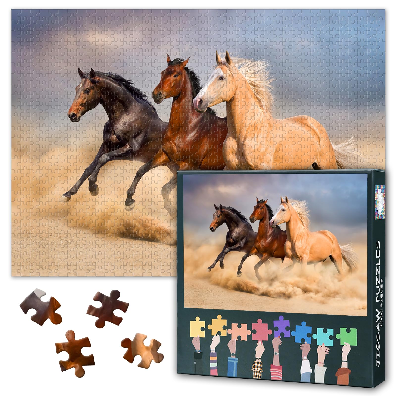 Jigsaw Puzzle 1000 Pieces Running Horses Modern Canvas Painting Desert Wall Art for Adults Challenging Puzzle Game Living Room Decor Animal Picture 27.5 x 19.7 Inches