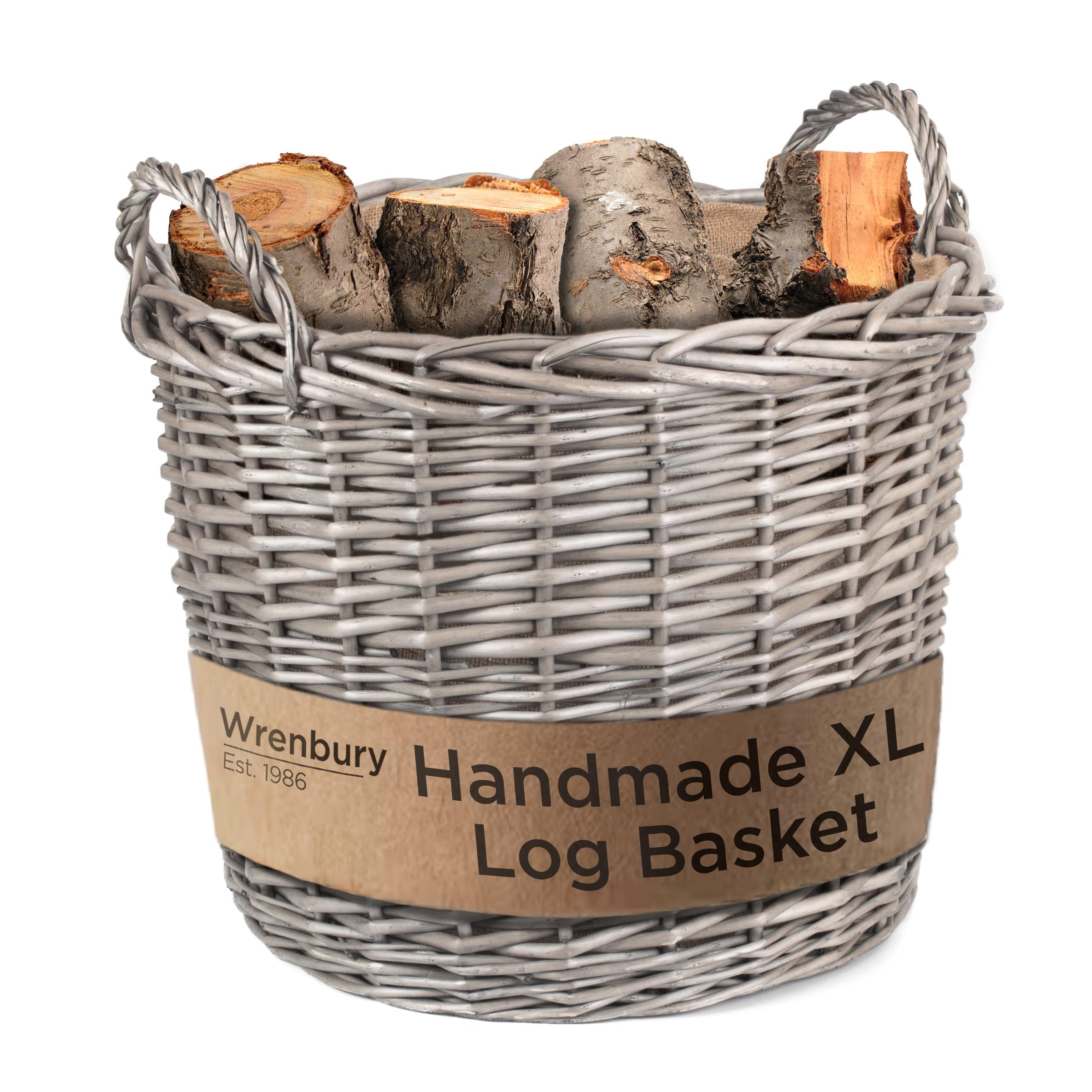 Wrenbury Extra Large Wicker Log Basket - 51cm Fireside Log Baskets for Wood Burner Indoor - Round Kindling Fire Wood Basket for Fireplaces with Lining